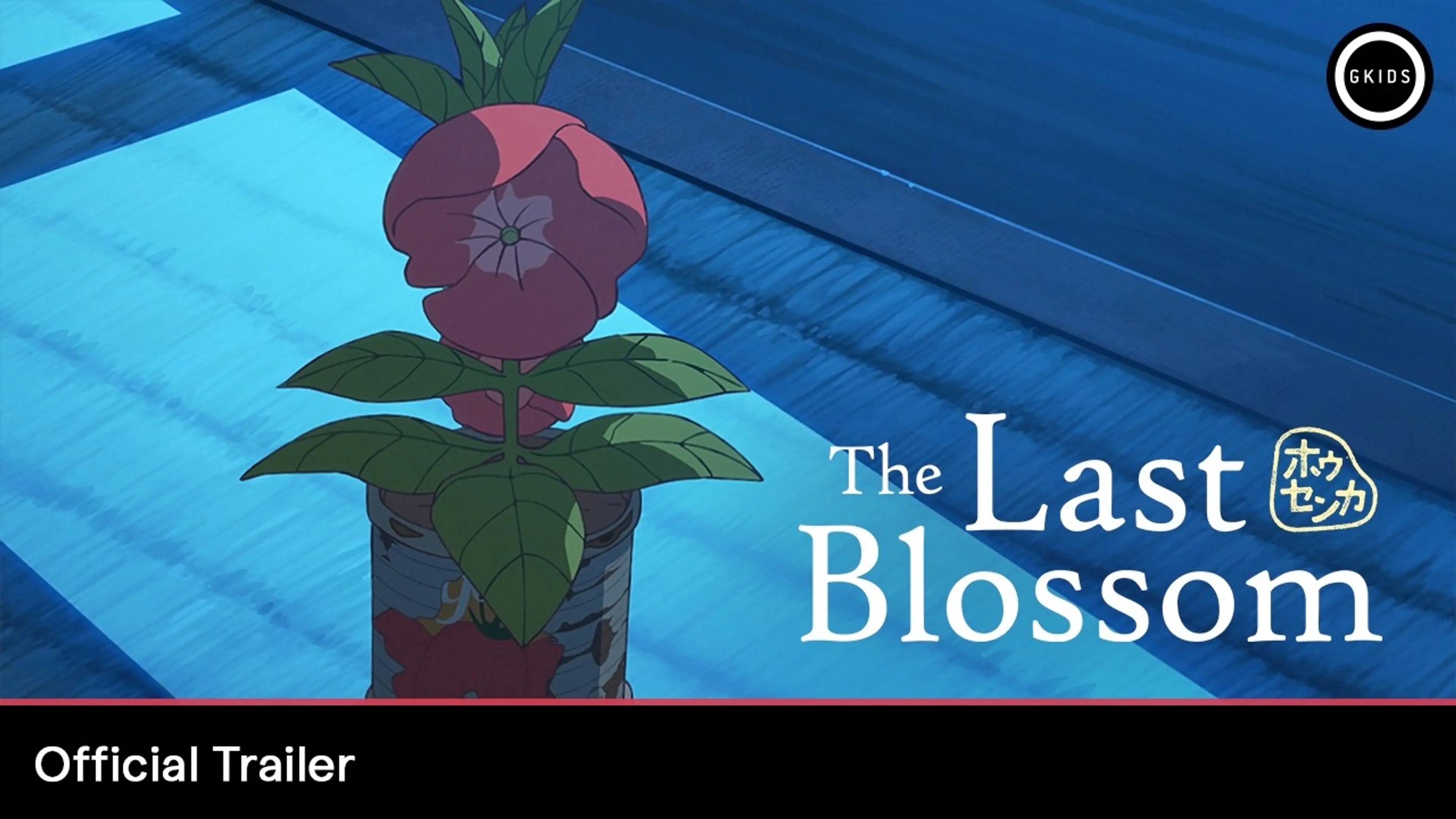 The Last Blossom flower grows from a can in a bright blue frame from the official trailer.