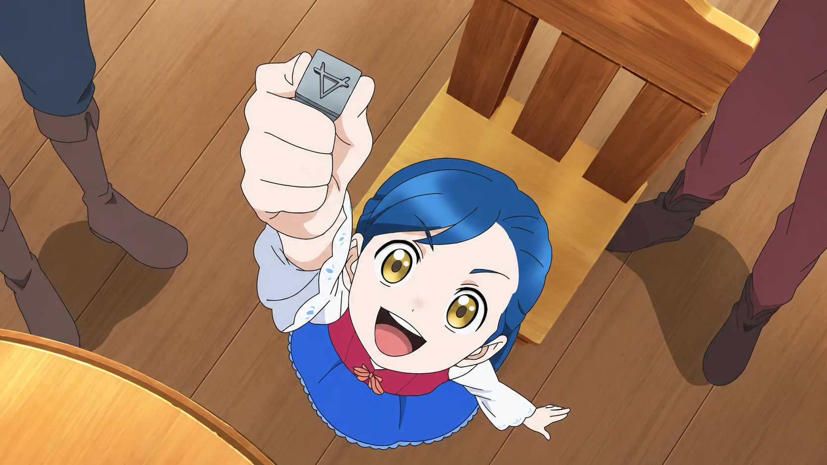 Myne holds up a small gray metal object marked with a triangle in an earlier anime episode.