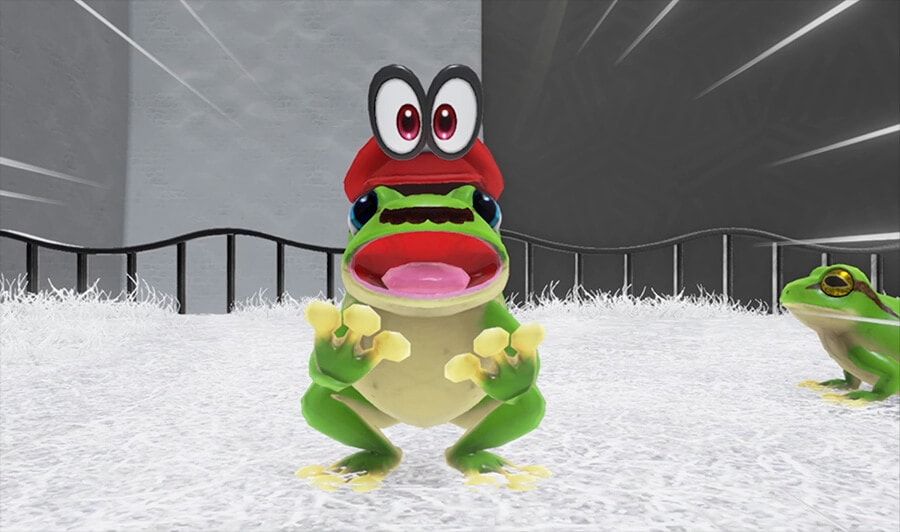A frog wearing Mario’s cap stands in a snowy area.