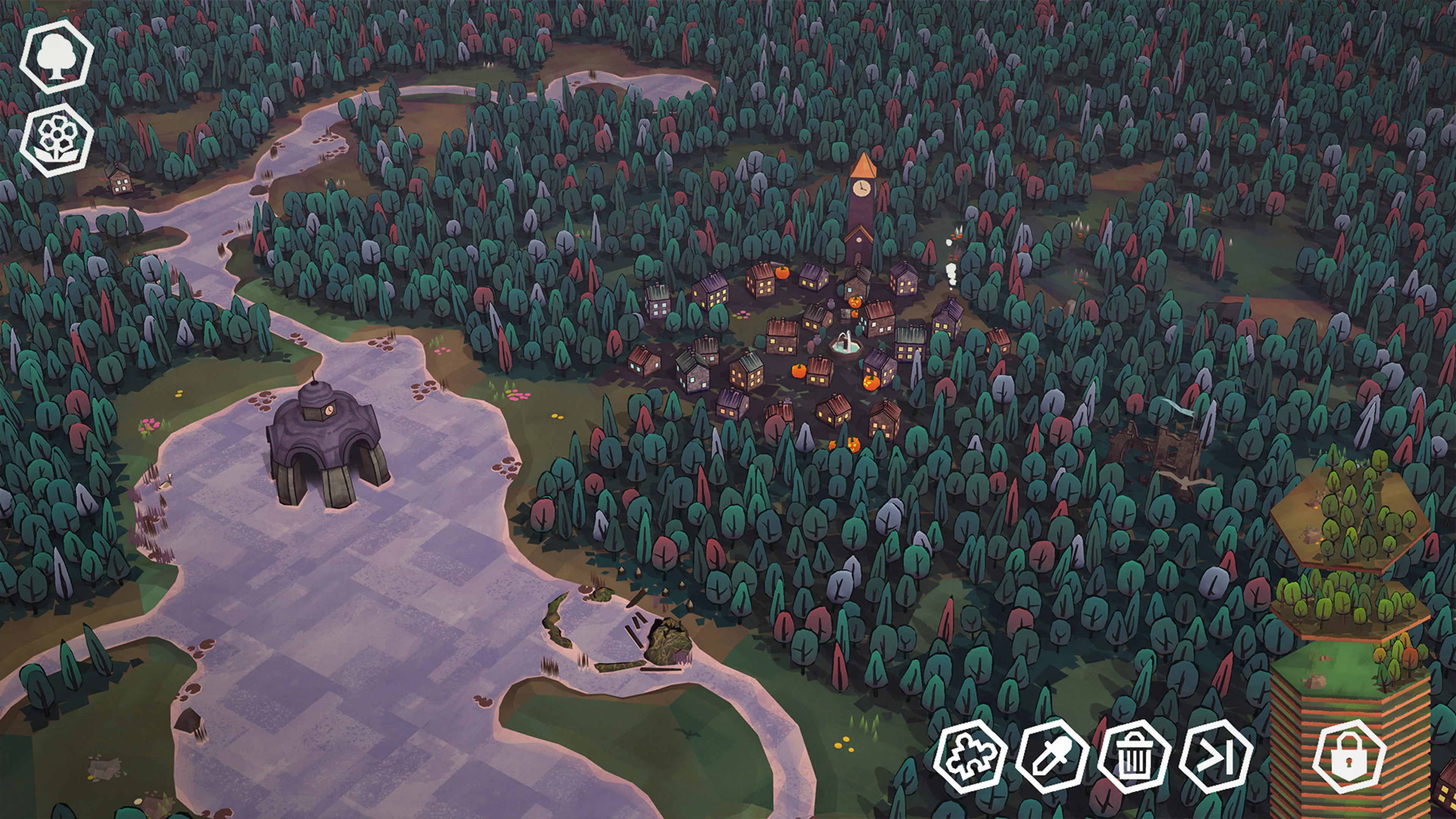A dark forest, river, and buildings made from Dorfromantik tiles.