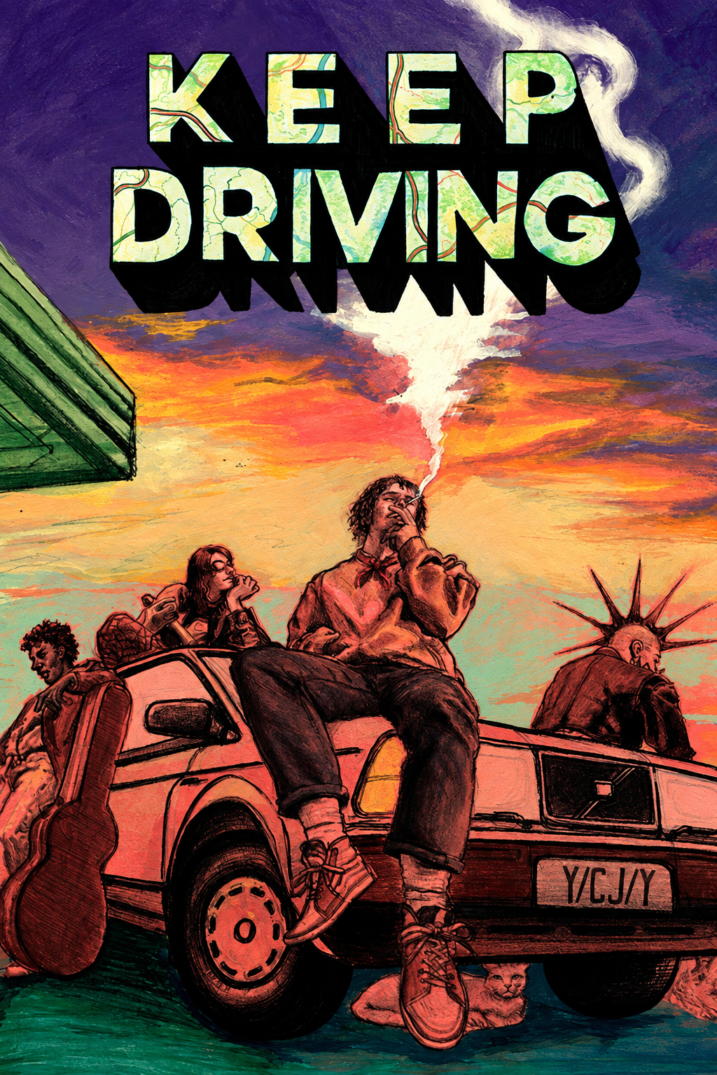 Official Keep Driving vertical cover showing its travelers and car.