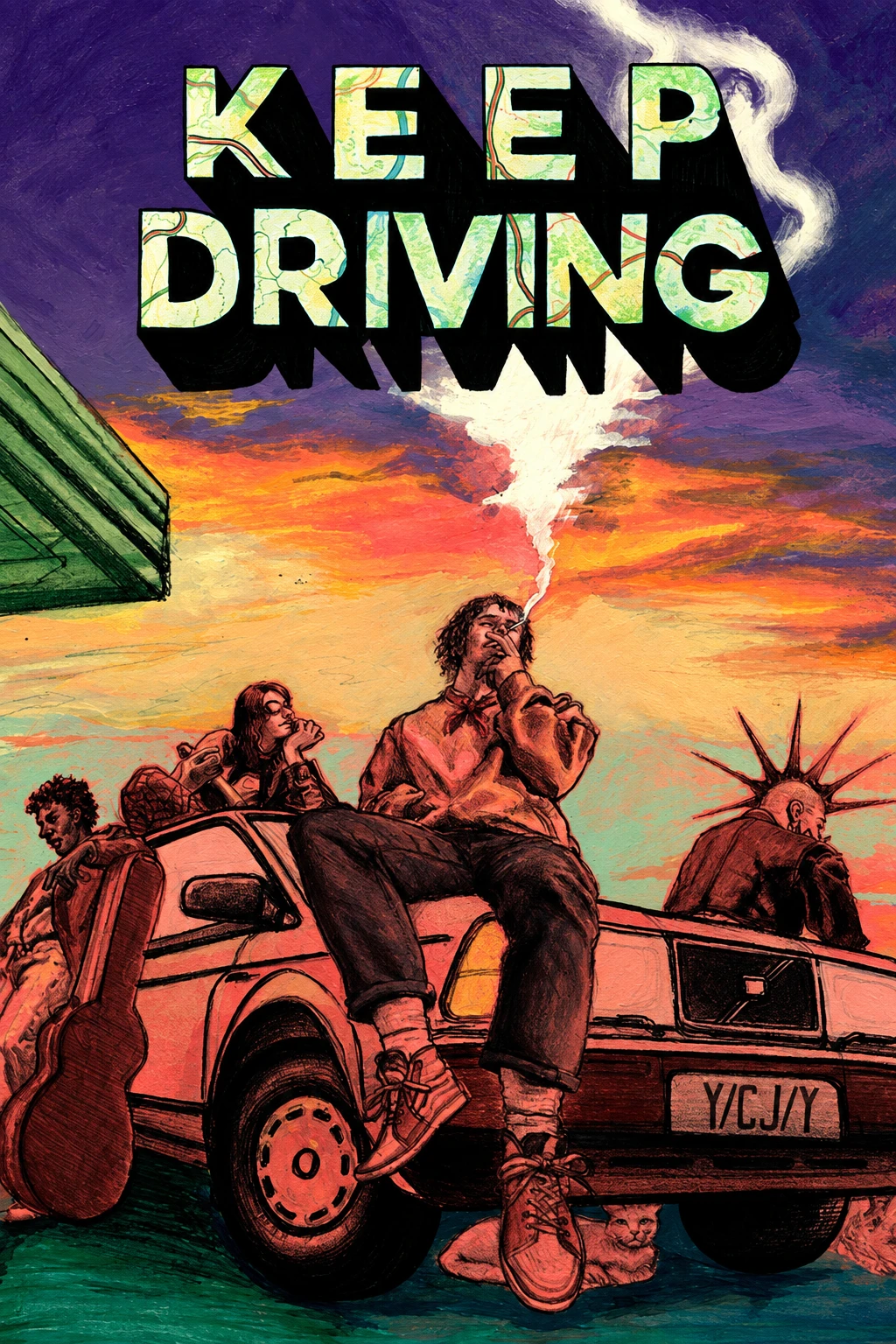 Official Keep Driving vertical cover showing its travelers and car.