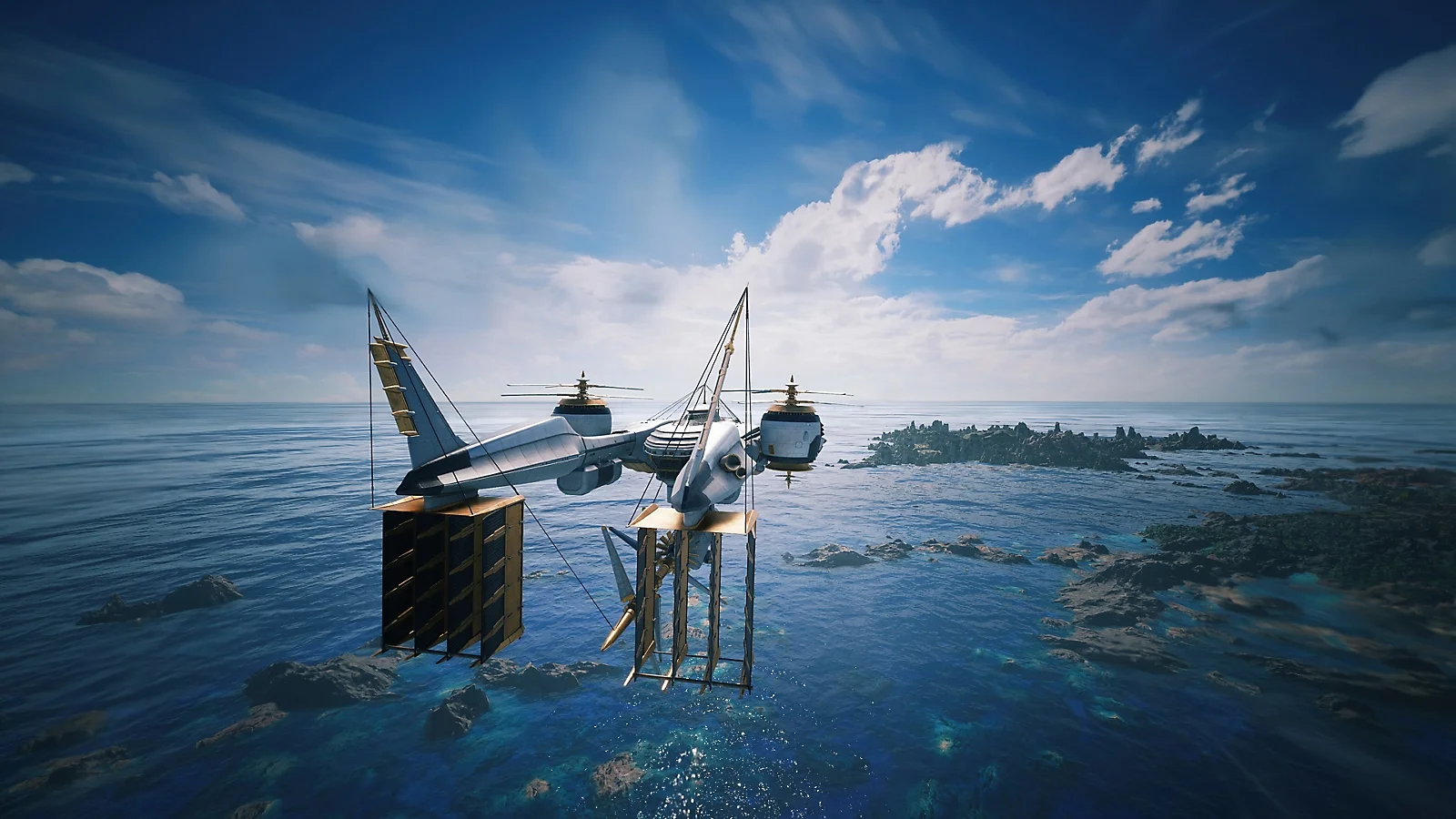 The Highwind flies over the ocean in Final Fantasy VII Revelation.