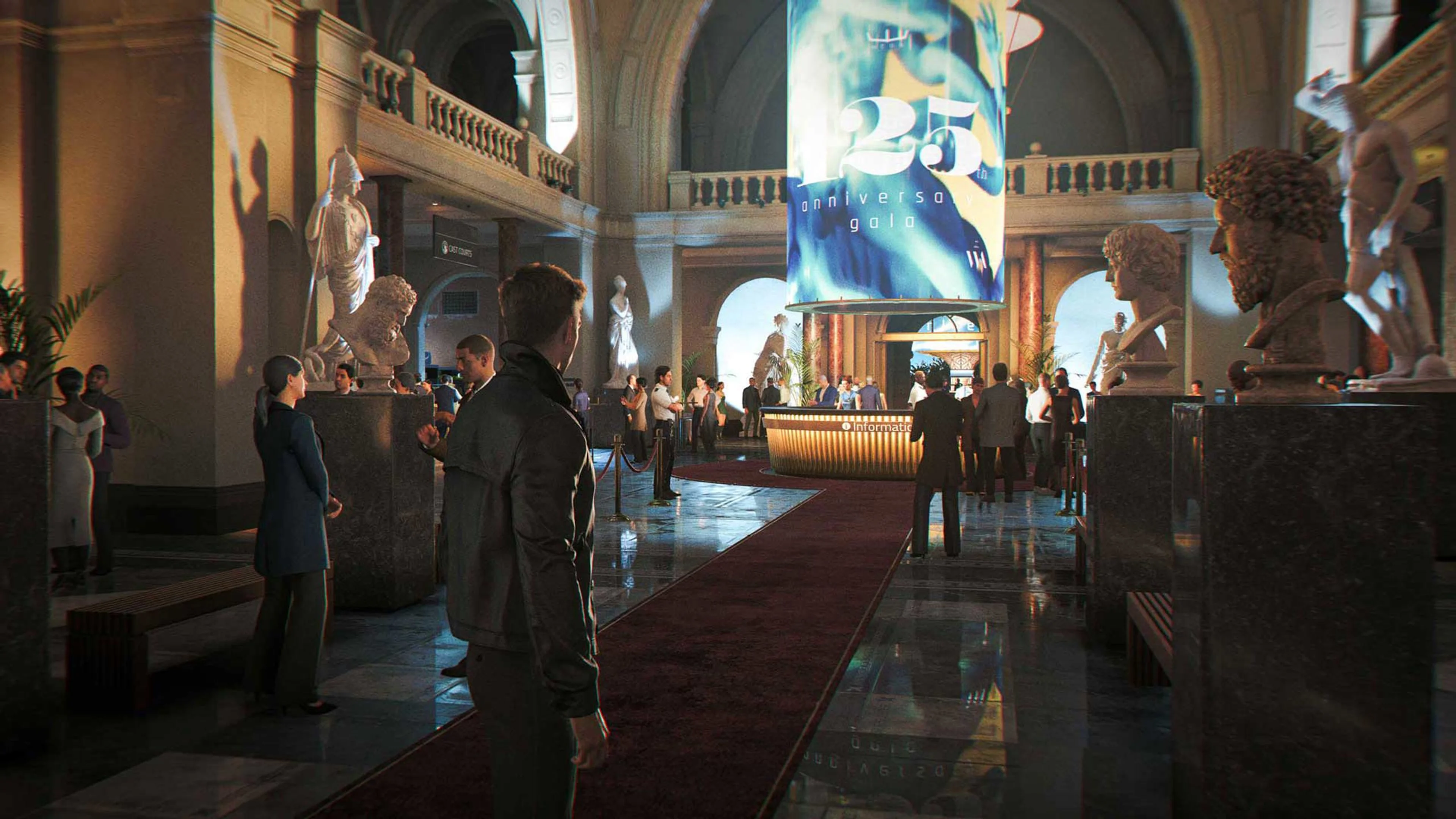 Bond holds a champagne glass among formally dressed guests in a large museum hall.