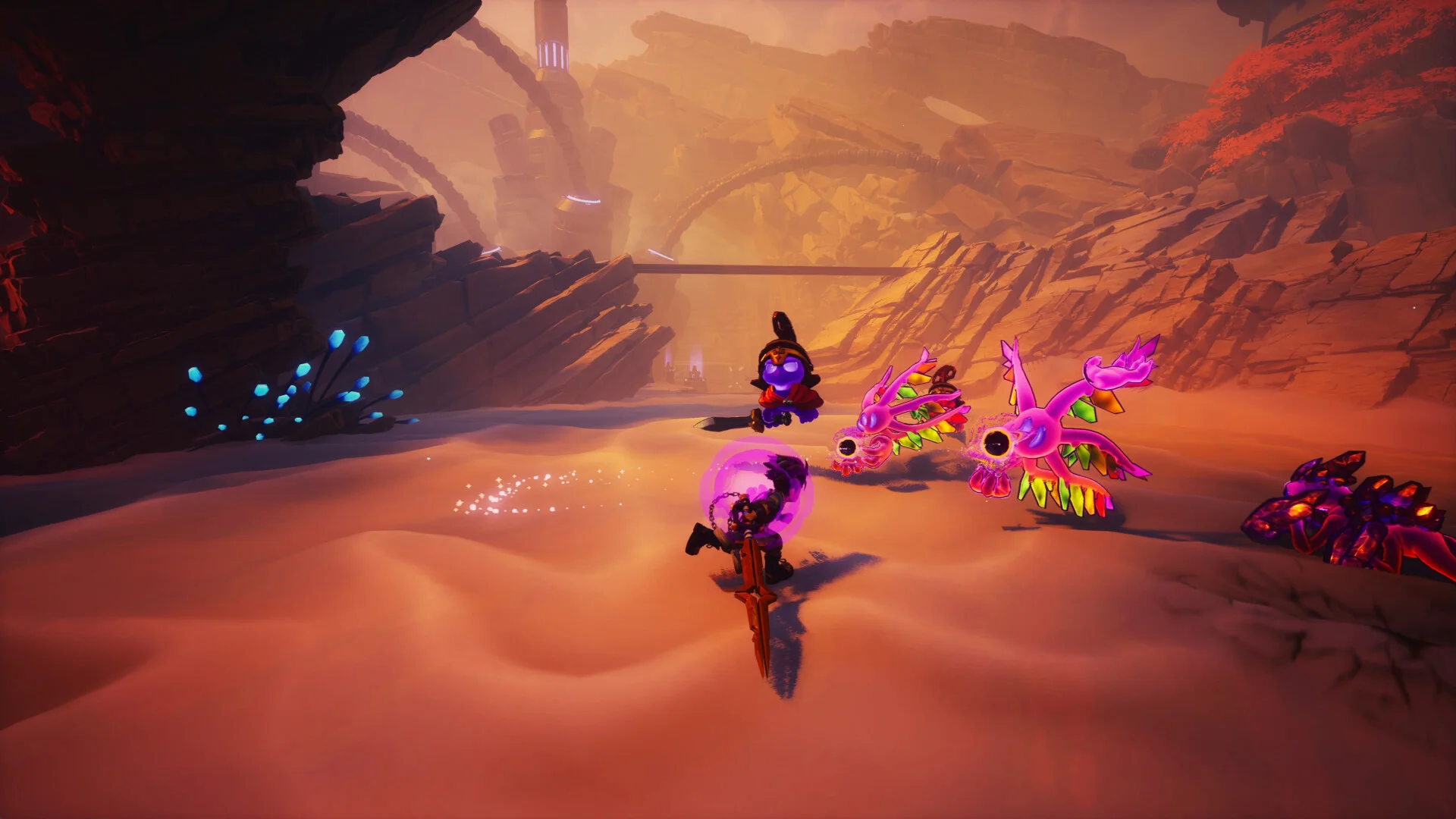 Zirian fighting enemies with Minutero in Duskfade