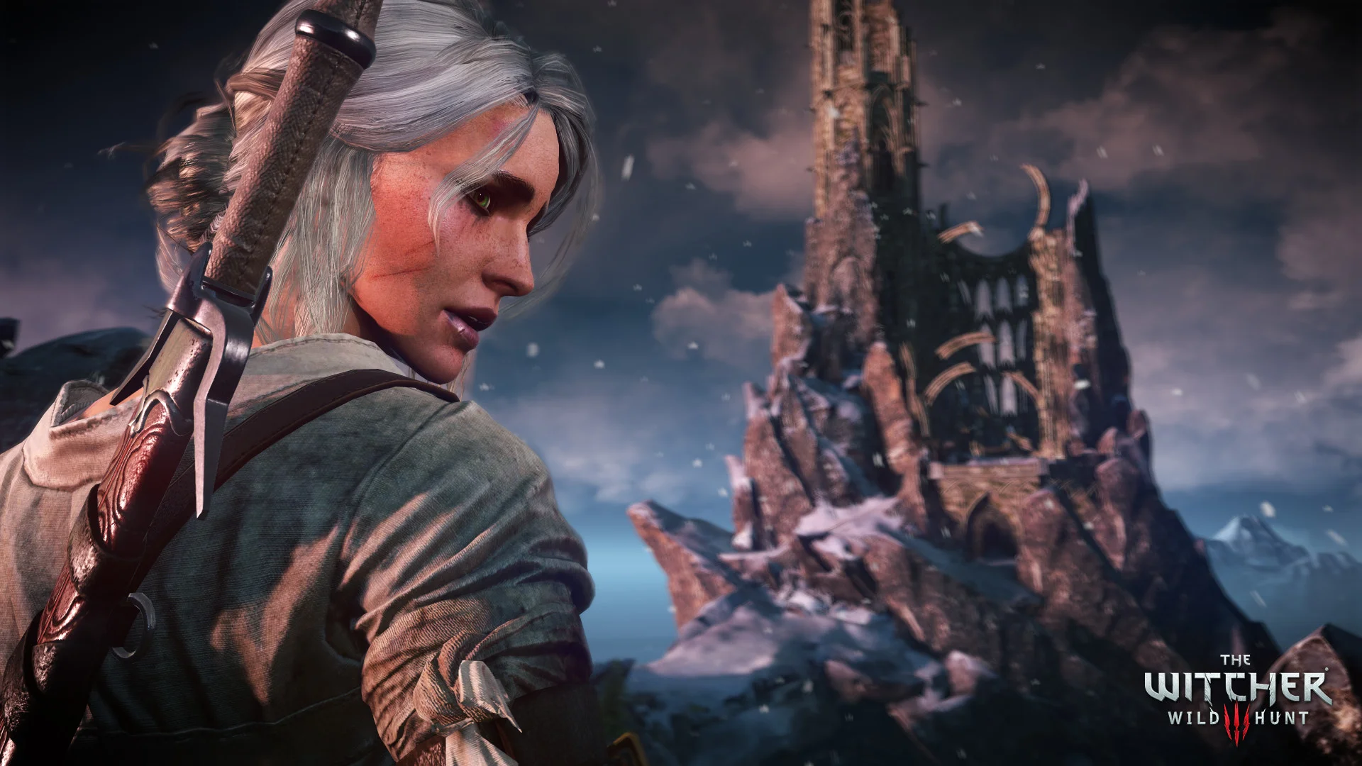 Ciri looks back toward Kaer Morhen in The Witcher 3: Wild Hunt.