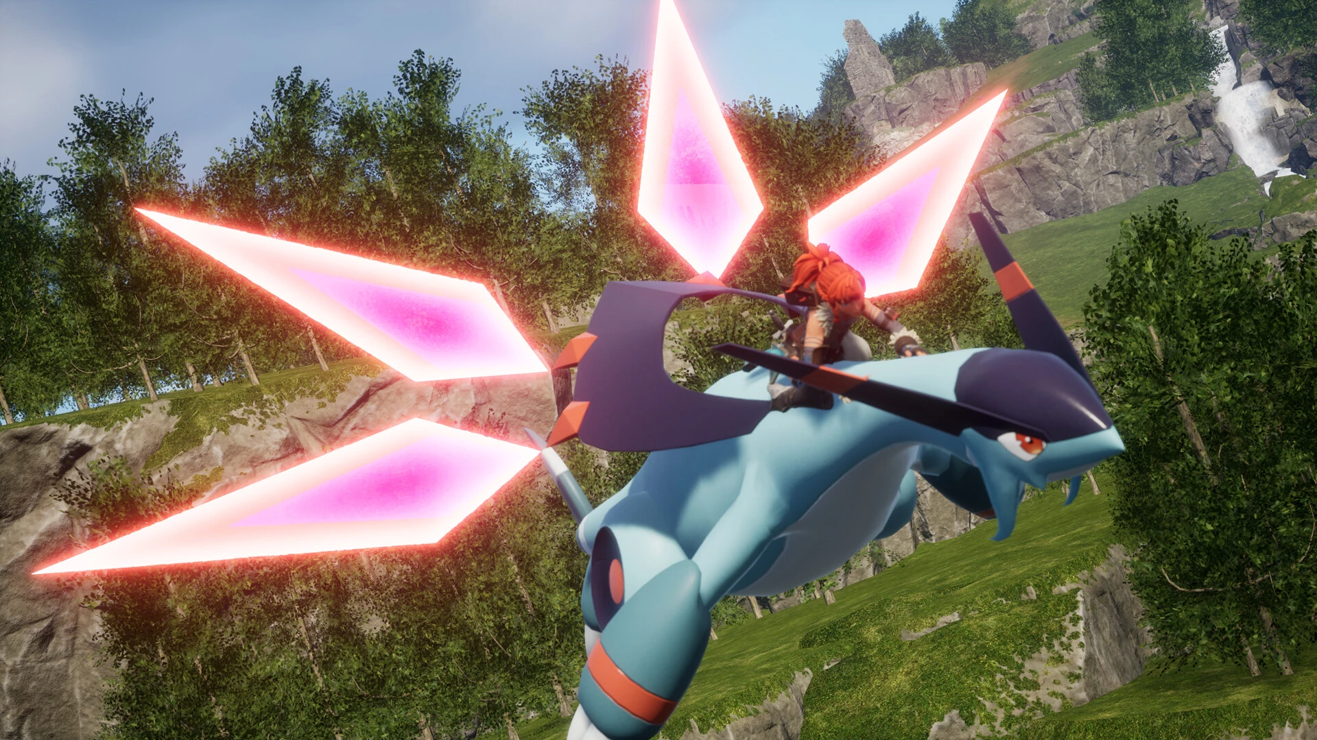 A Palworld player riding a blue flying Pal with bright crystal wings.