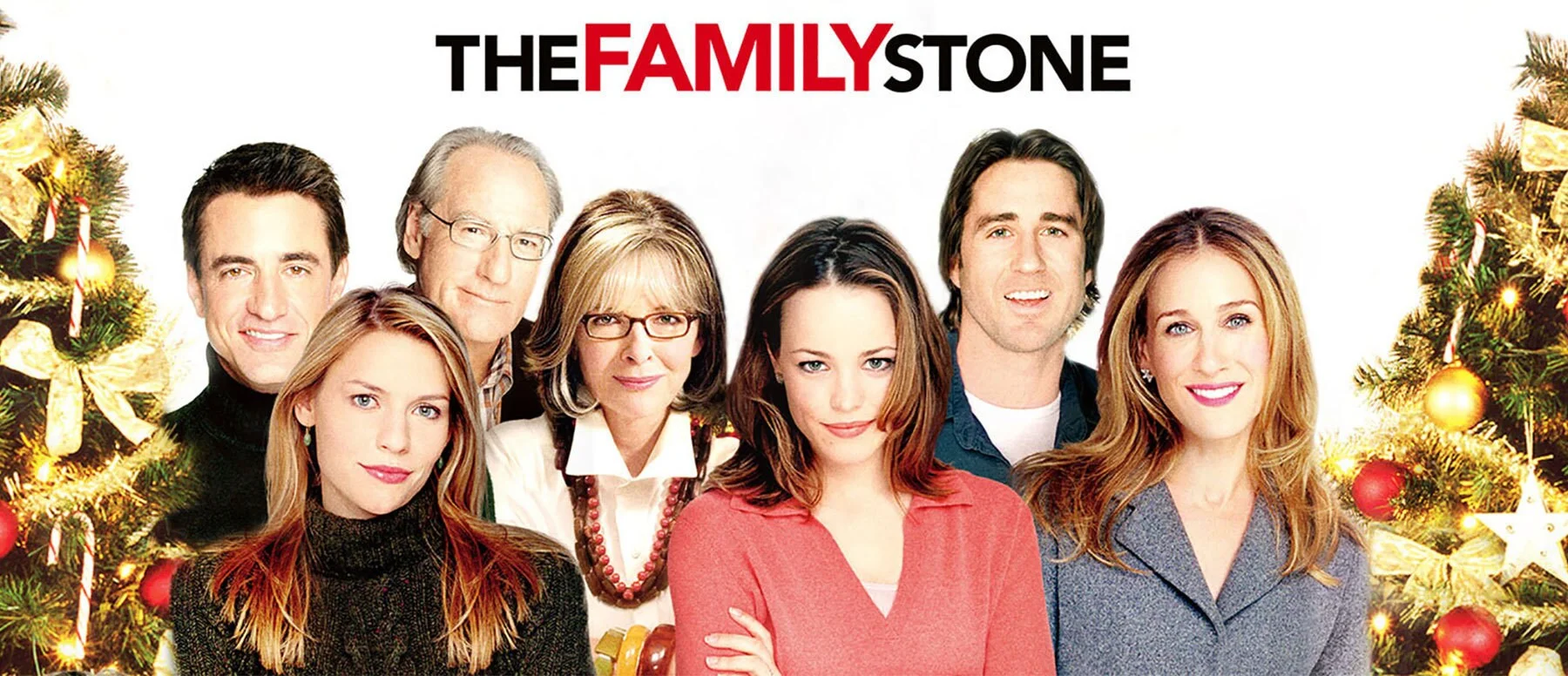 Dermot Mulroney, Claire Danes, Craig T. Nelson, Diane Keaton, Rachel McAdams, Luke Wilson, and Sarah Jessica Parker pose in The Family Stone artwork.