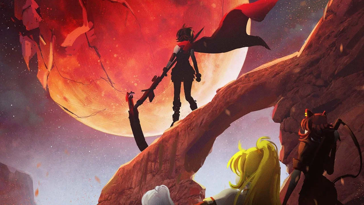 Ruby Rose and her teammates face a huge red moon in clean official RWBY Volume 10 artwork.