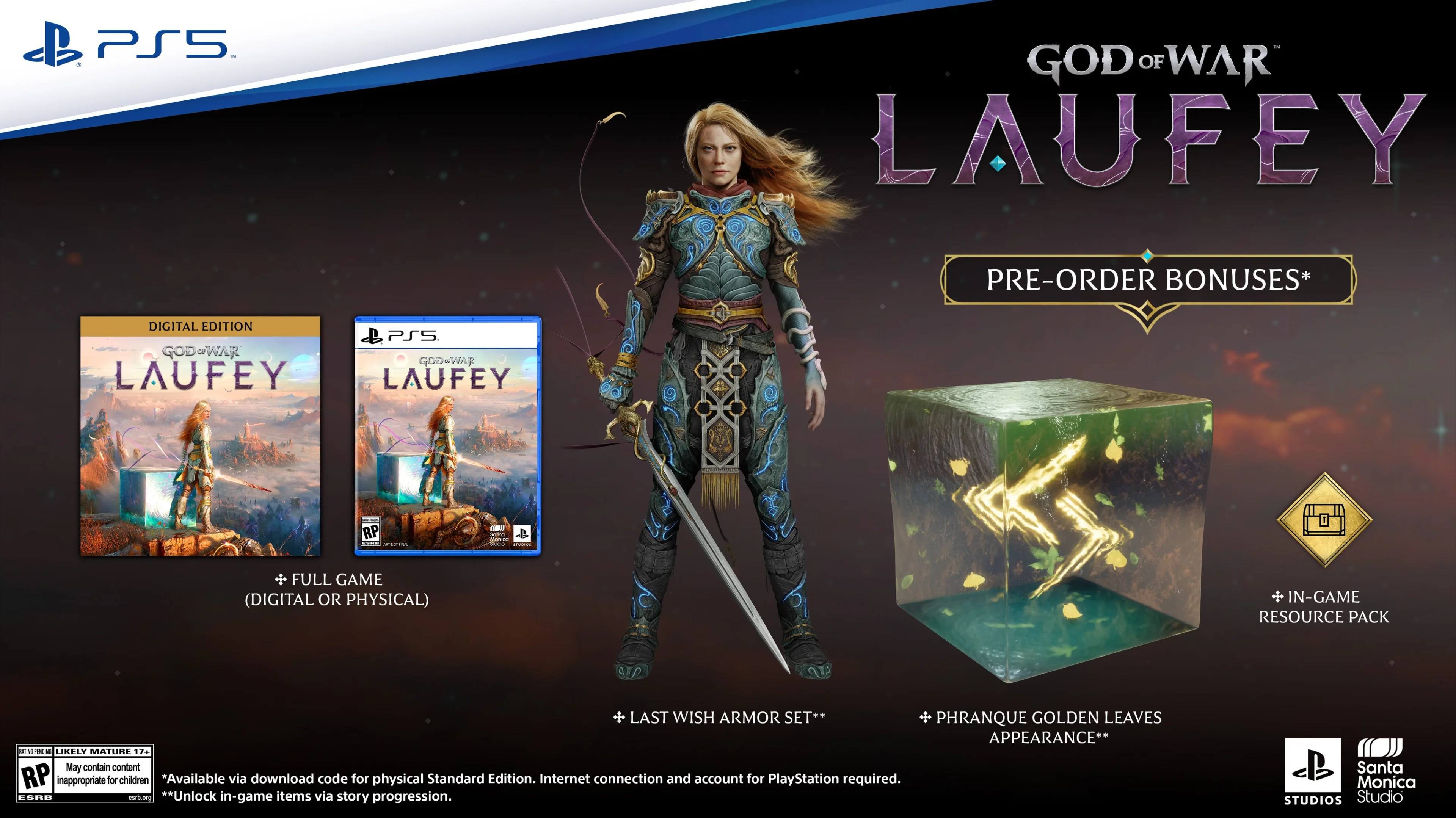 Official God of War: Laufey preorder graphic showing Faye in the Last Wish Armor Set, the Phranque Golden Leaves Appearance, and the resource pack.