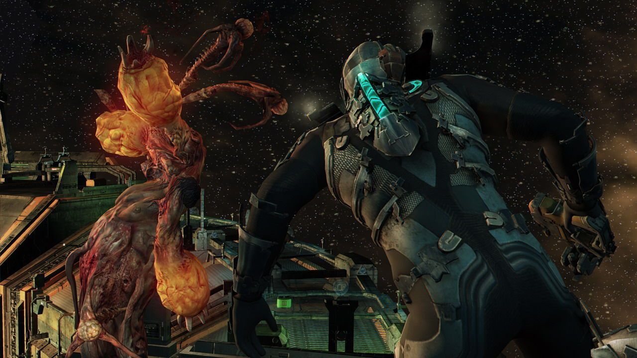 An orange glowing Necromorph faces Isaac’s raised blue-lit tool in a dark station area.