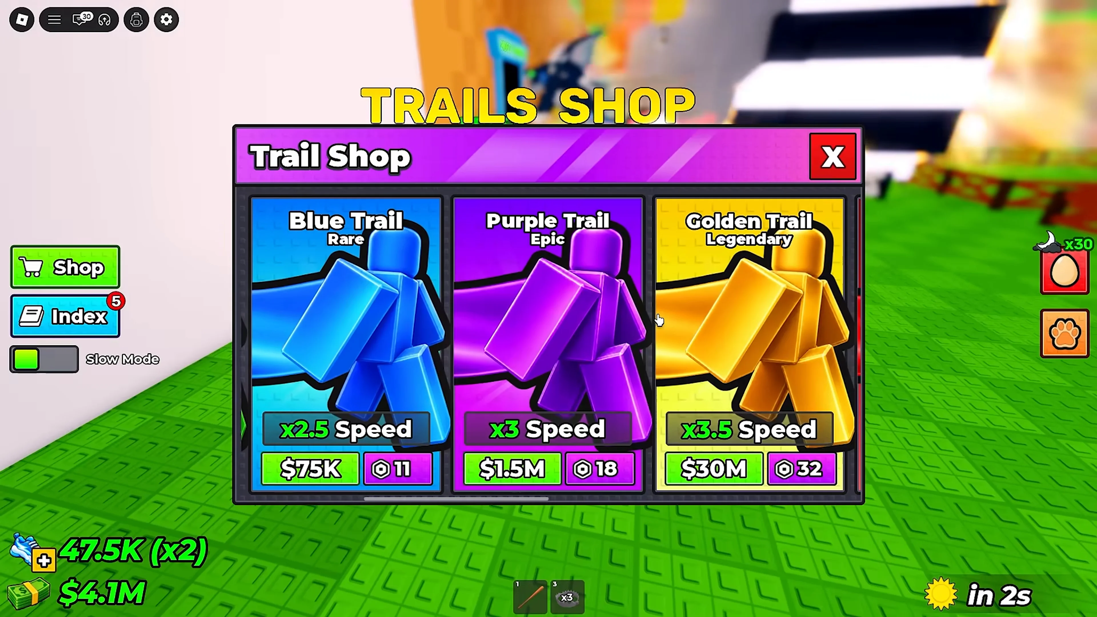 Blue, Purple and Golden Trail cards show their multipliers, cash prices and separate Robux options.