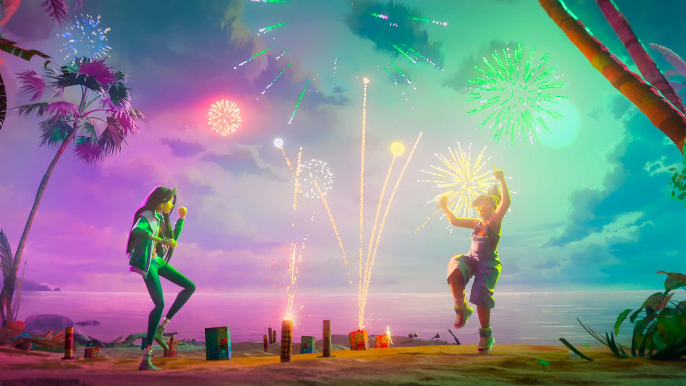 Jo and Raissa celebrate by the shore beneath colorful fireworks in Forgotten Island.