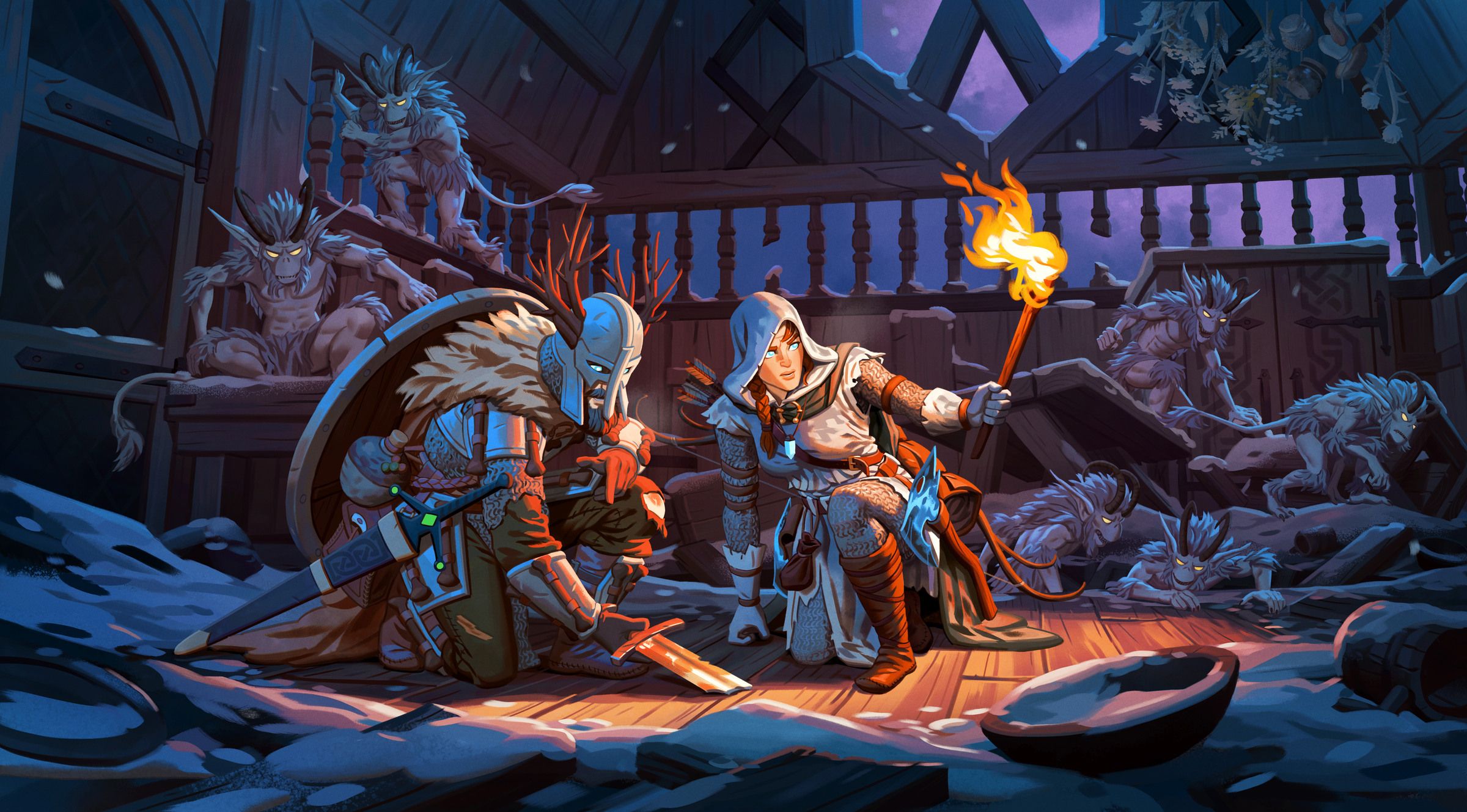 Two Vikings prepare to fight pale creatures inside a damaged wooden hall in Valheim’s Deep North.