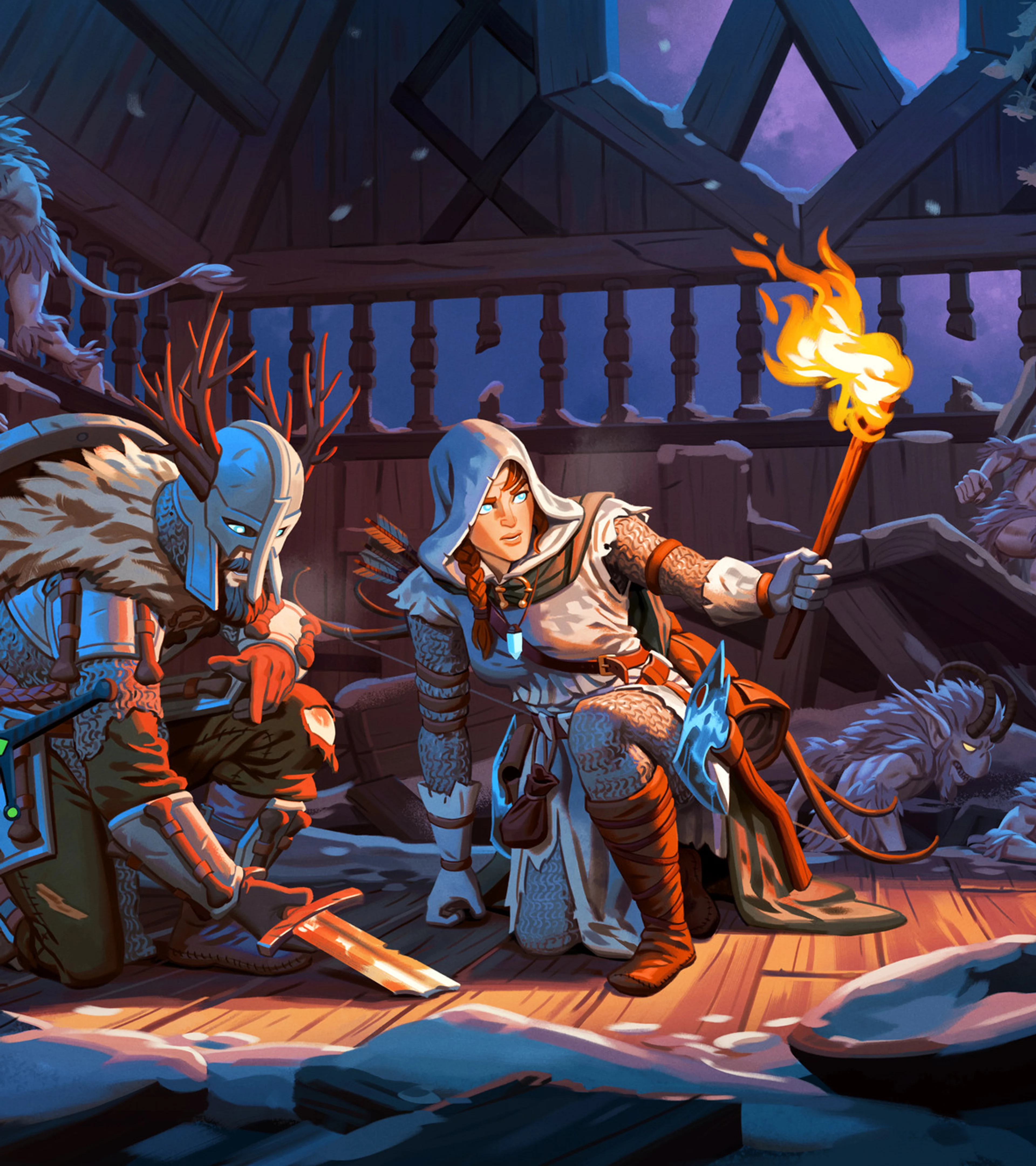 Two Vikings prepare to fight pale creatures inside a damaged wooden hall in Valheim’s Deep North.