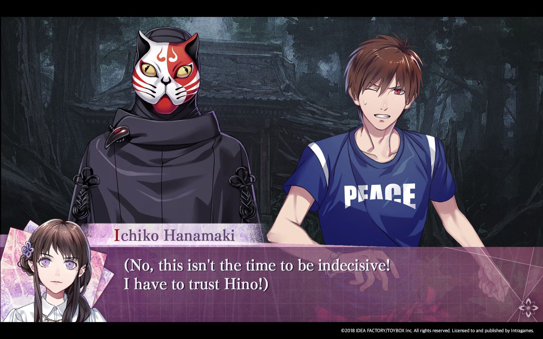 A masked figure and Hino stand in the woods during a conversation in 7'scarlet.