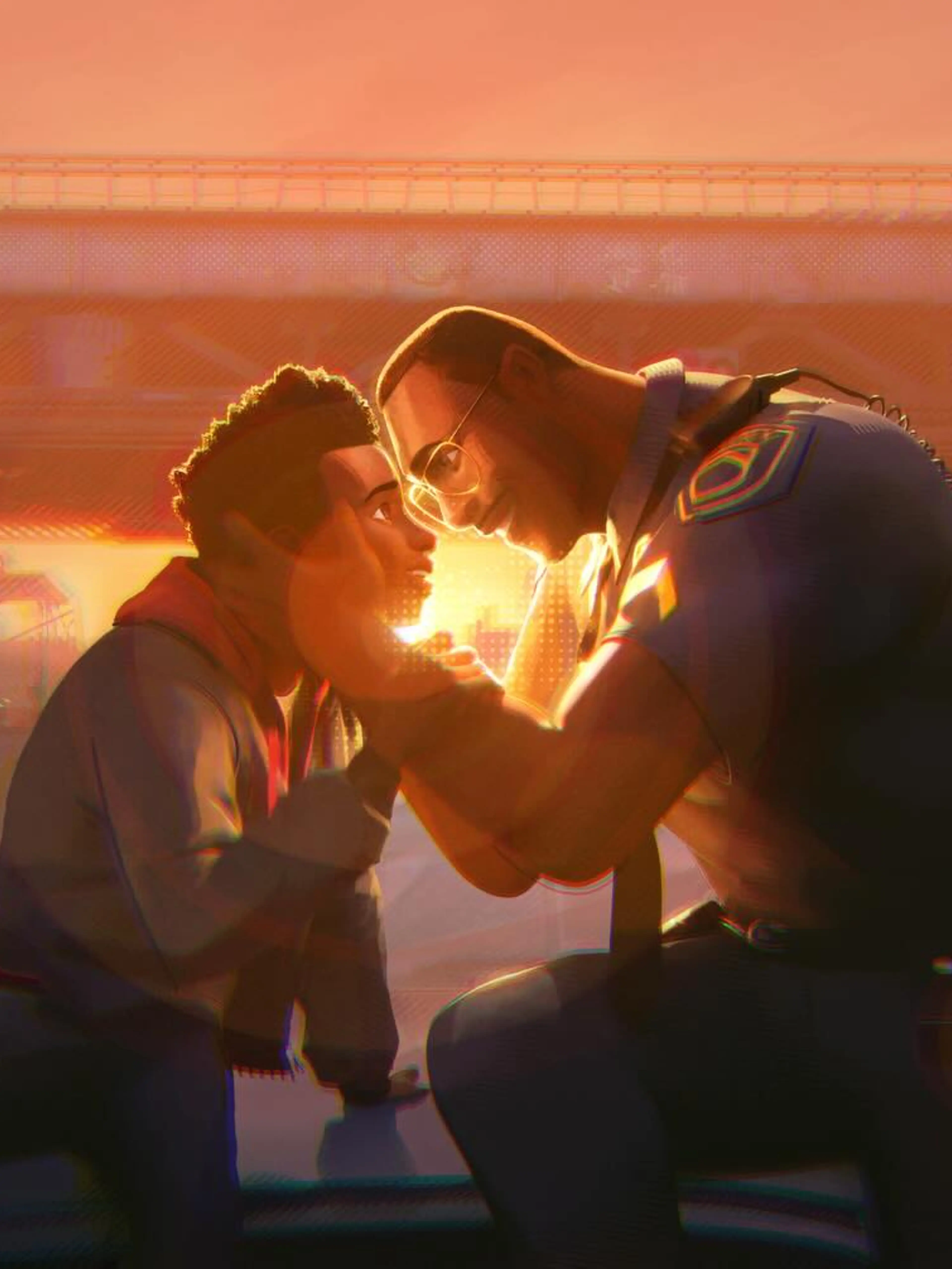 Official Spider-Man: Beyond the Spider-Verse still showing Miles Morales embracing a family member at sunset.