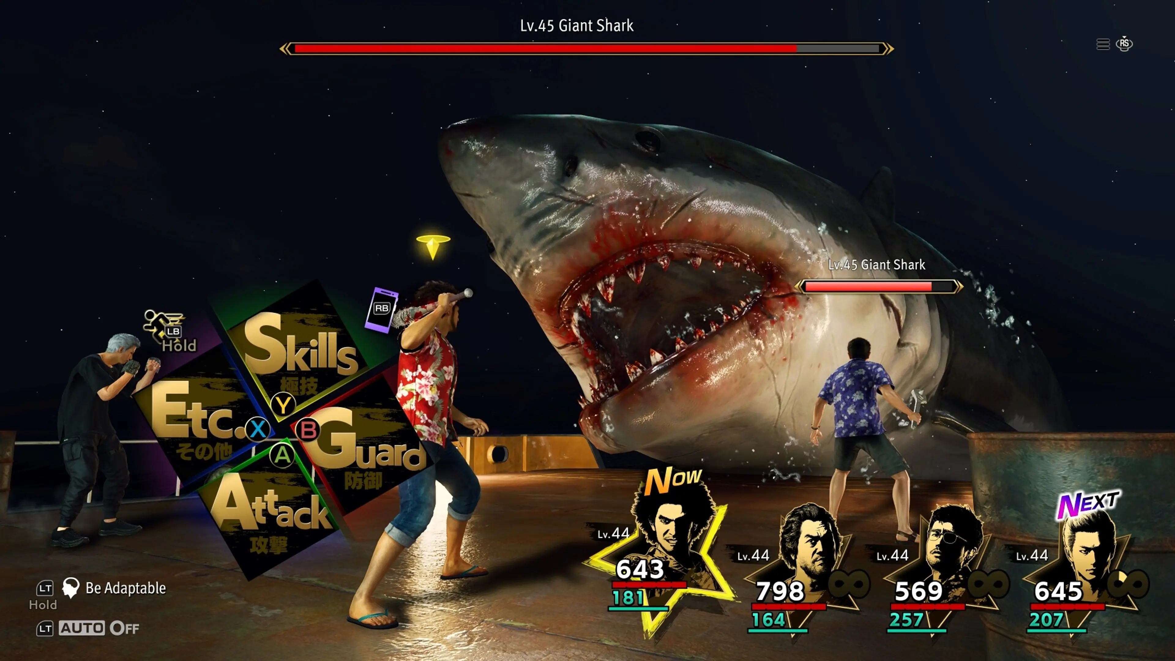The party faces a giant shark aboard a boat in Like a Dragon: Infinite Wealth.