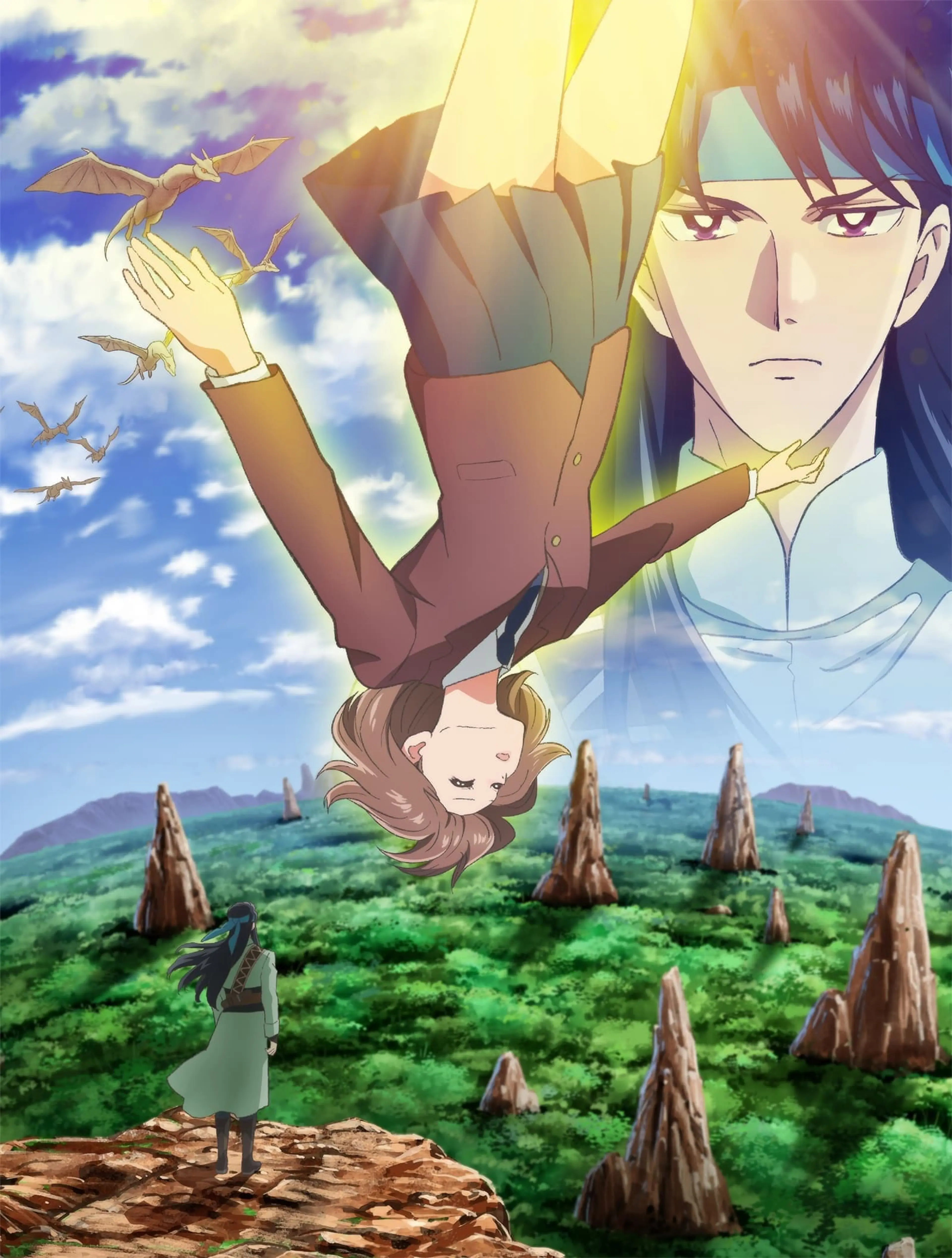 Noriko appears upside down above Izark and a field of stone spires in an official From Far Away anime visual.