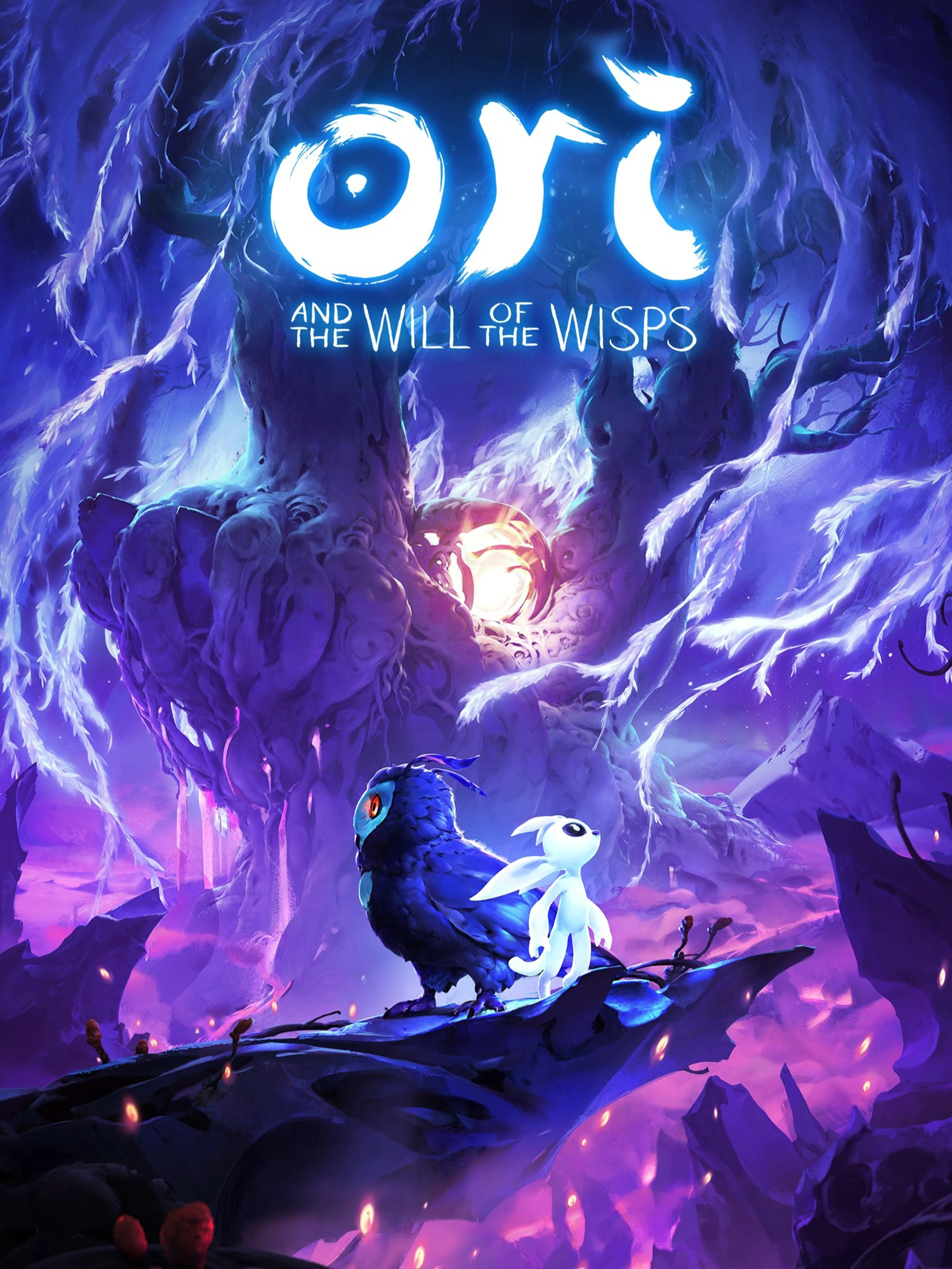 Official Ori and the Will of the Wisps cover showing Ori and Ku beneath a glowing purple forest and the game logo.