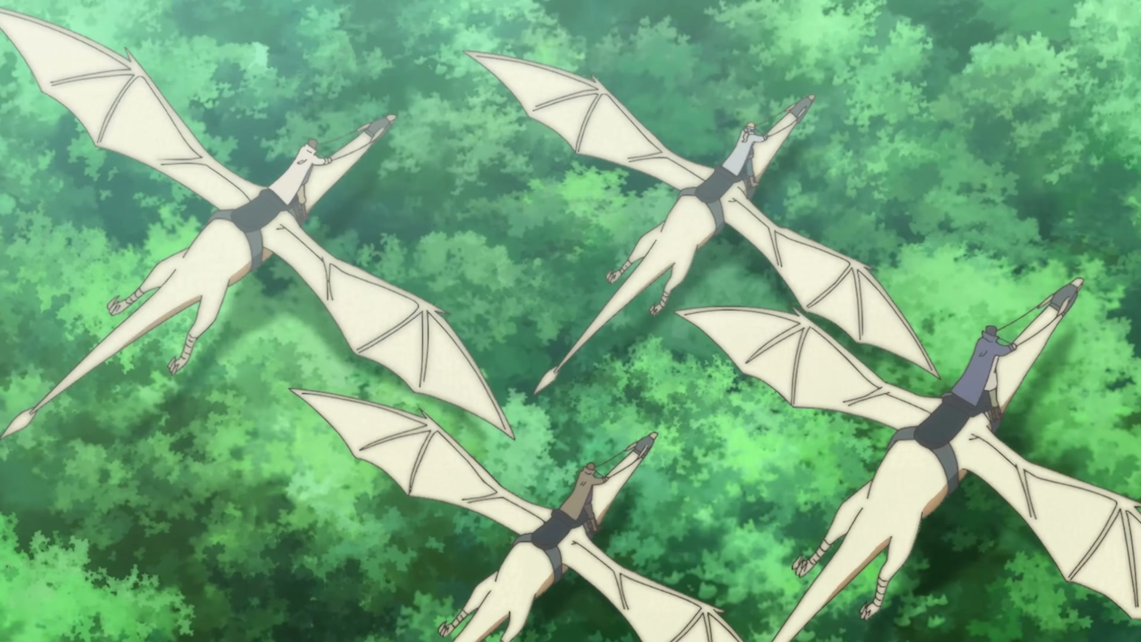 Riders cross above a green forest on pale winged creatures in the From Far Away anime trailer.