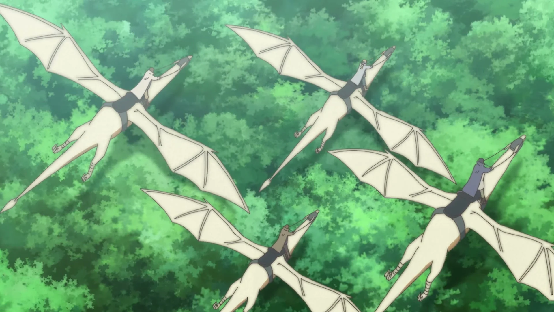 Riders cross above a green forest on pale winged creatures in the From Far Away anime trailer.