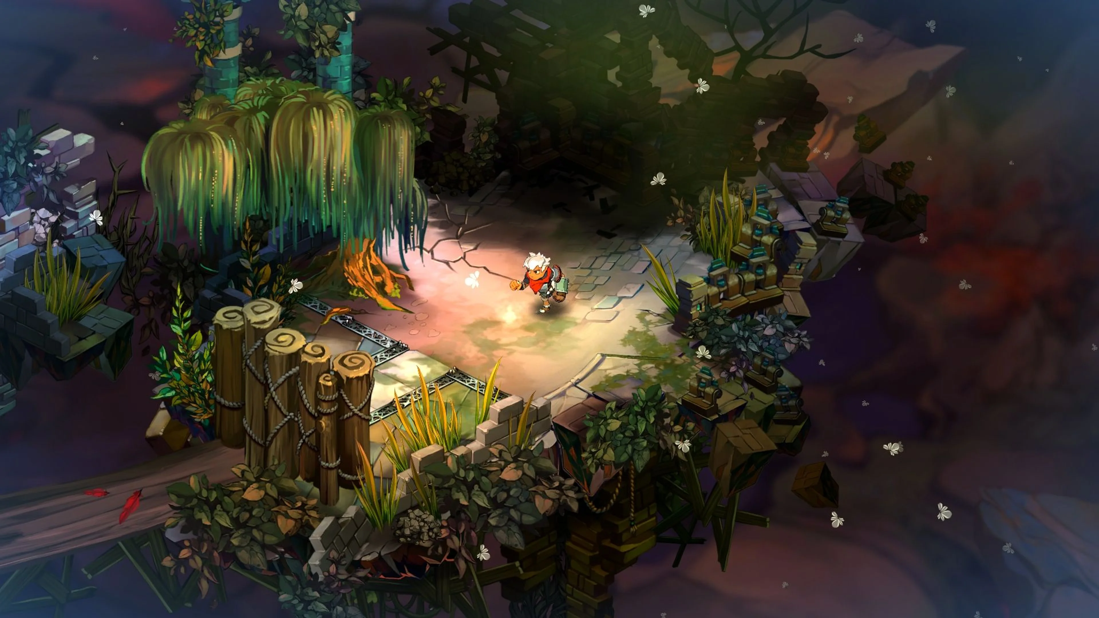 The white-haired Kid with a red scarf runs along a narrow stone path in an official Bastion screenshot.