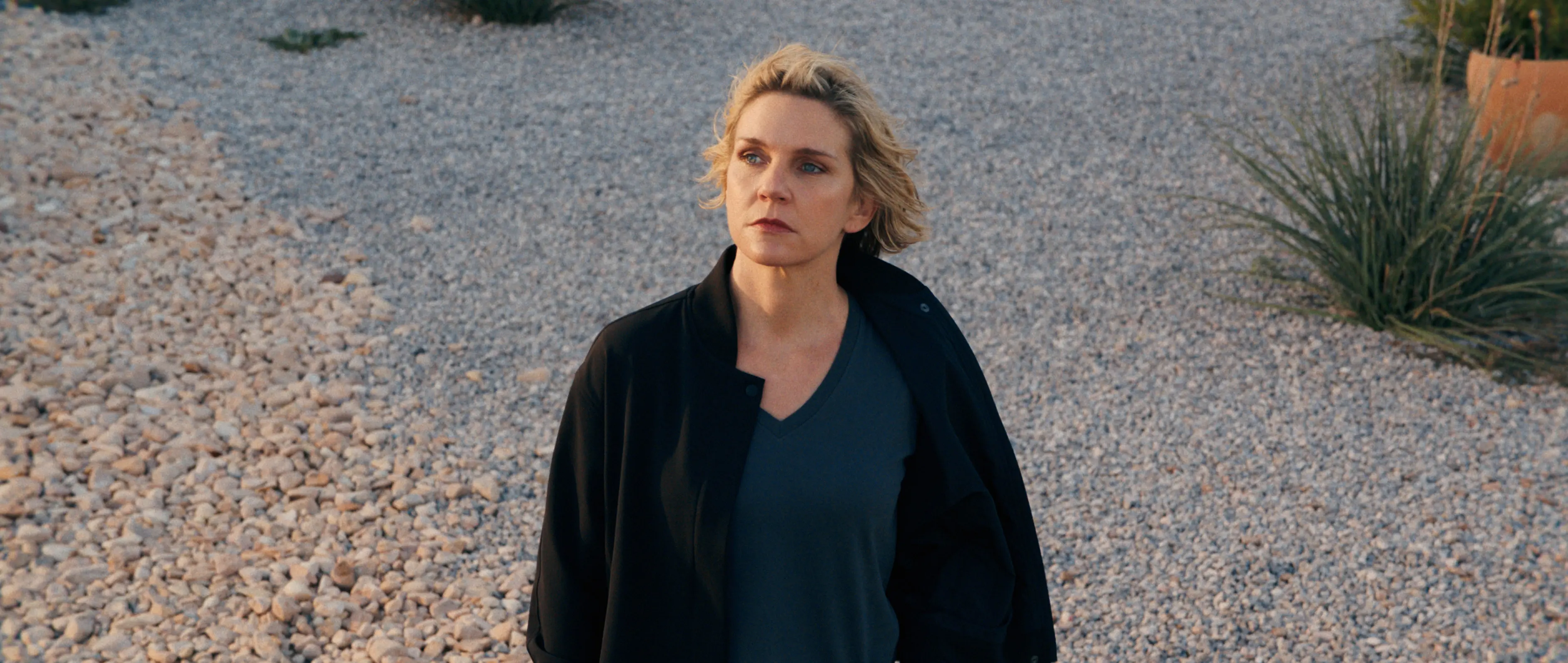 Rhea Seehorn as Carol Sturka stands outdoors in Pluribus.