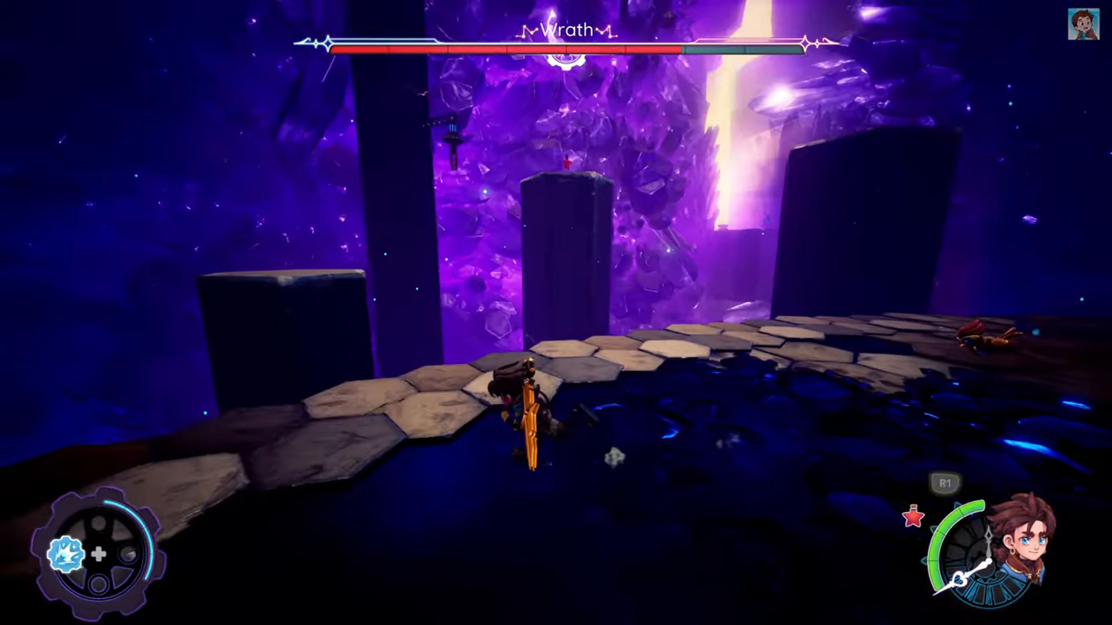 Wrath fight with a low stone pillar to Zirian’s left and taller pillars leading upward through the arena.