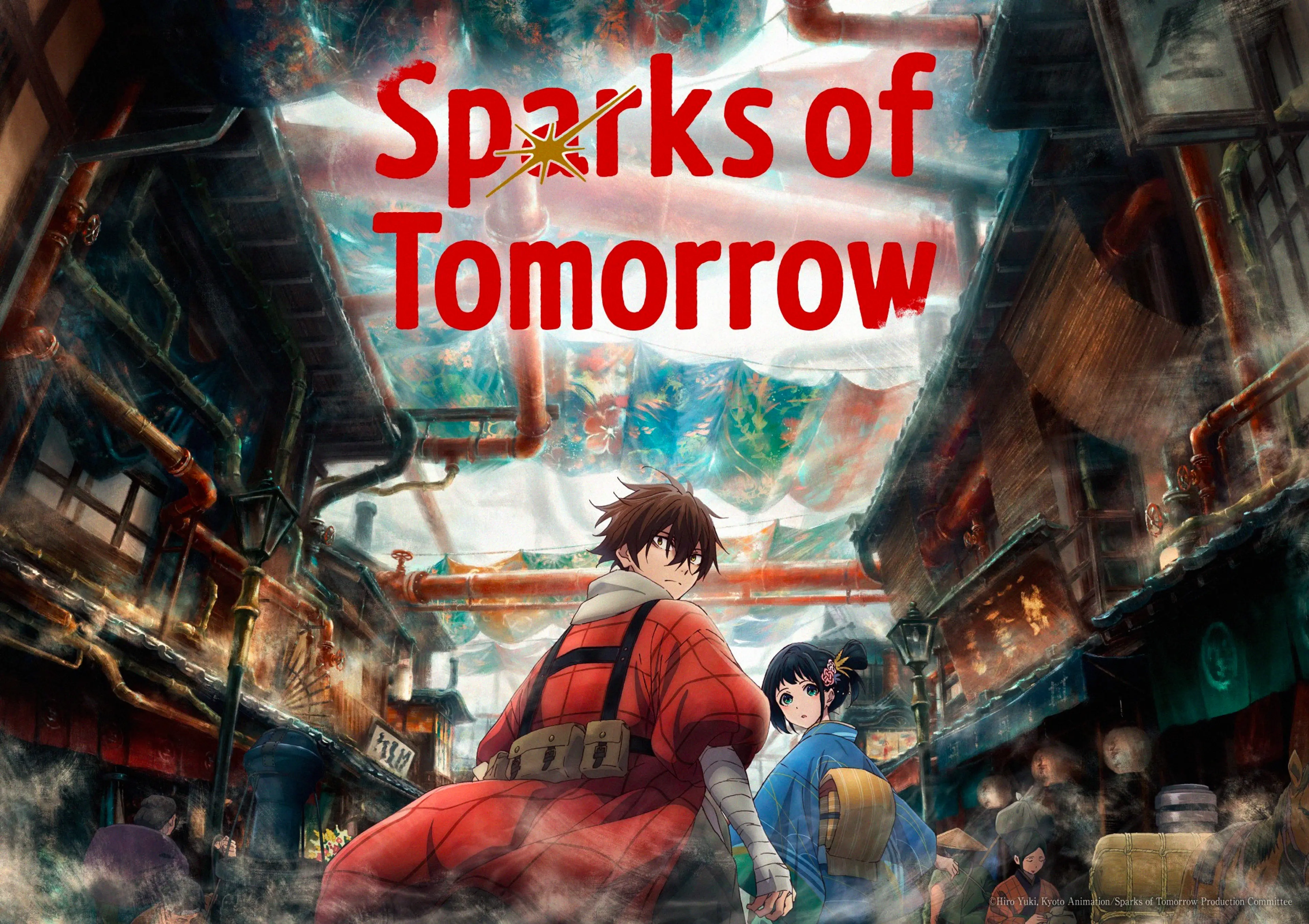 Kihachi and Inako stand in a smoke-filled alternate Kyoto in official Sparks of Tomorrow artwork.