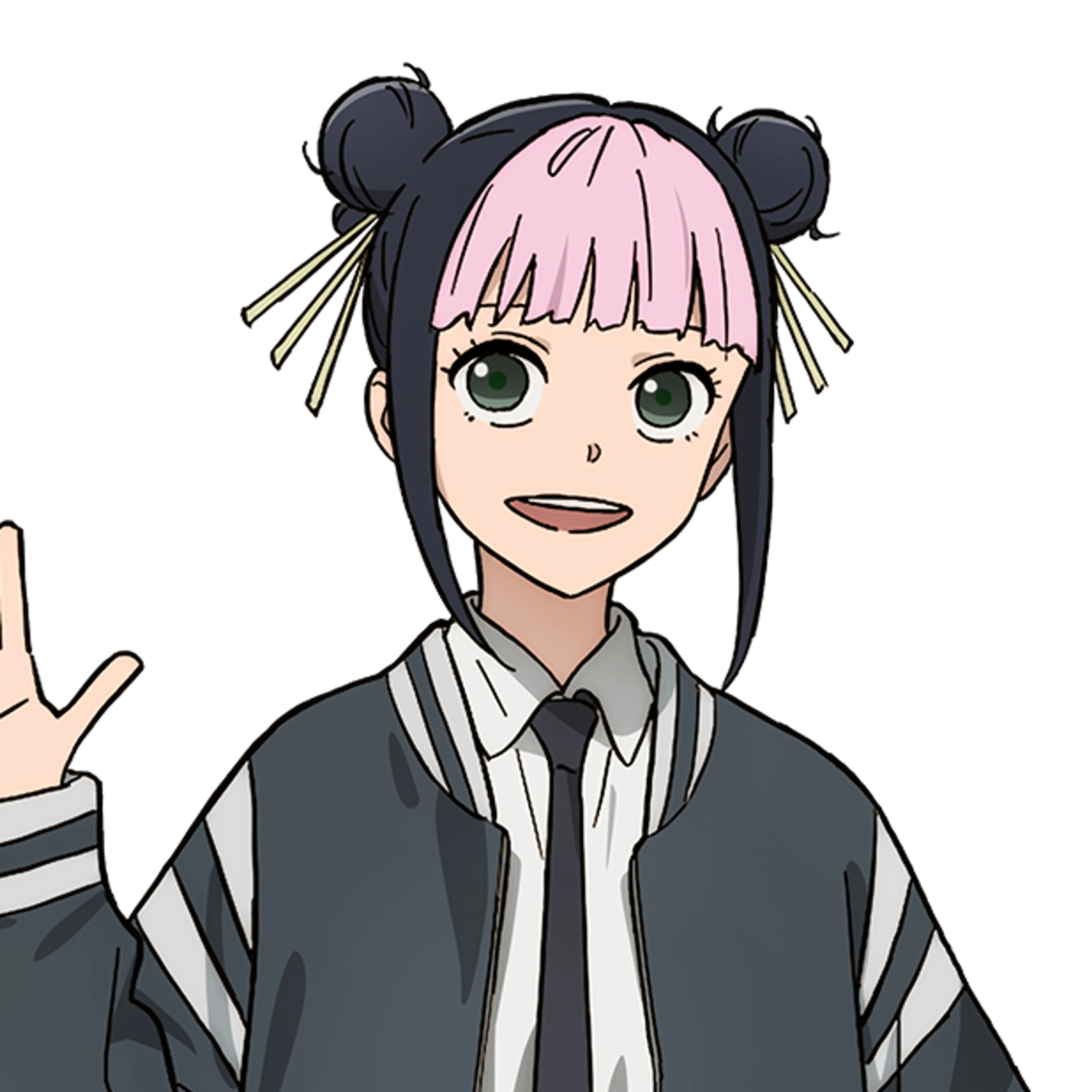 Hinao smiles and raises a hand in her official Kagurabachi anime character art.