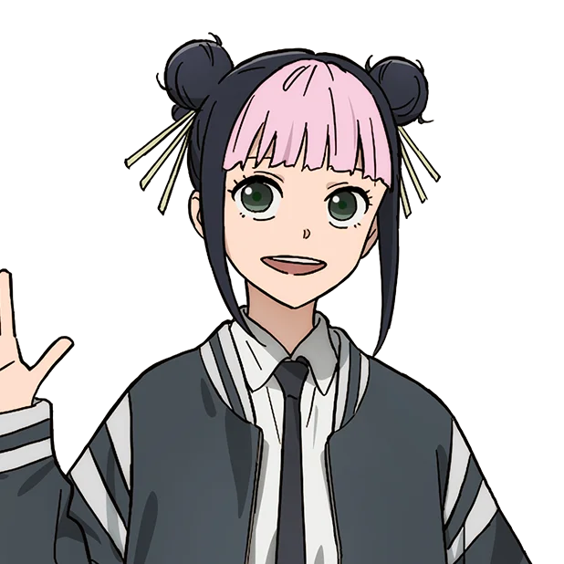 Hinao smiles and raises a hand in her official Kagurabachi anime character art.