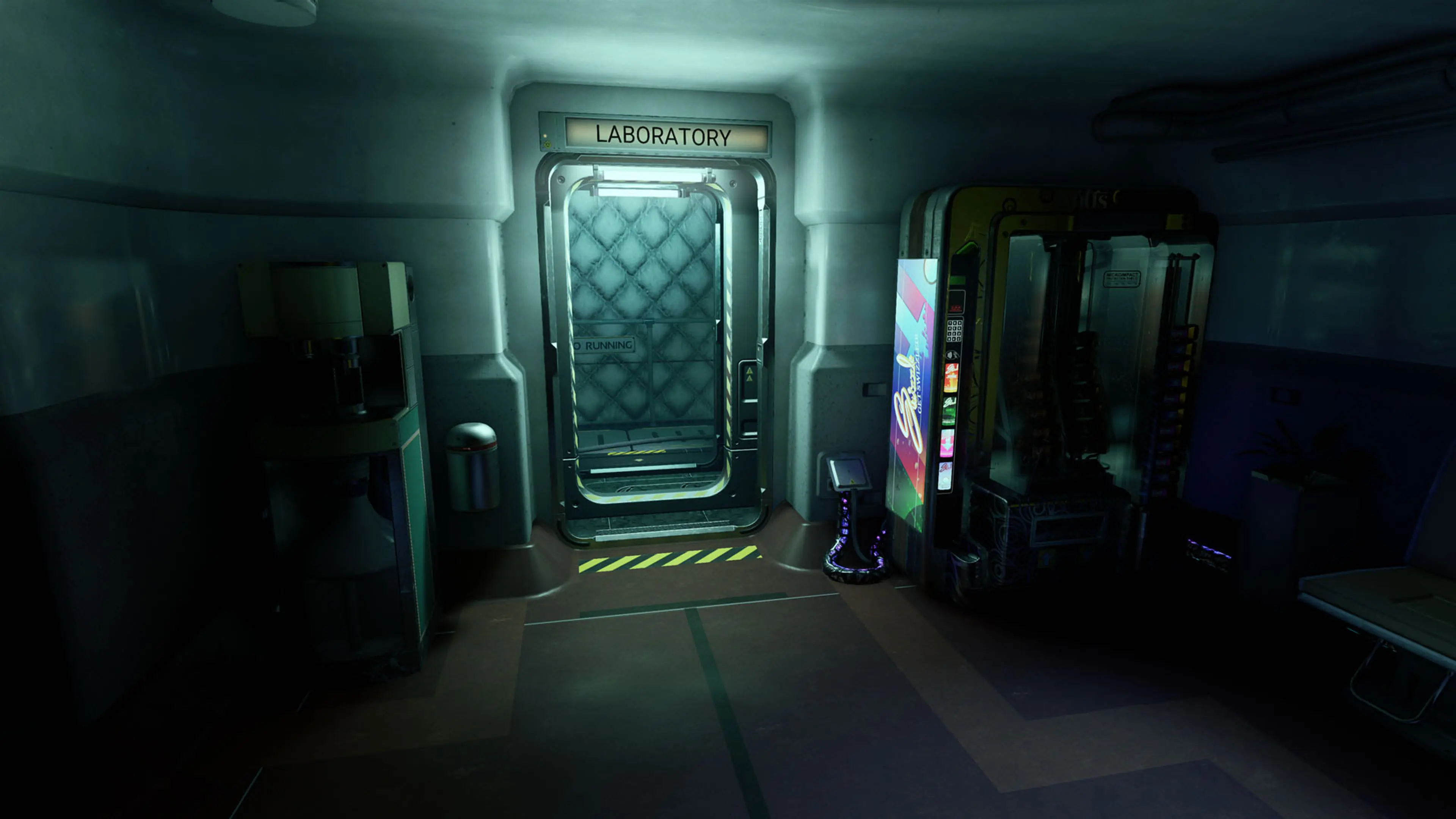 A heavy laboratory door stands at the end of a dim corridor inside Samsara in ONTOS.