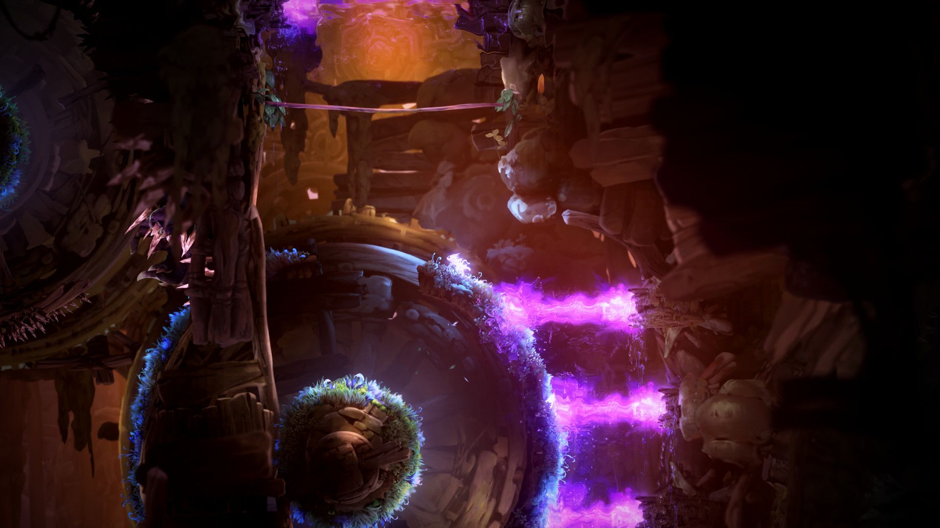 Purple hazards block a route through a cavern in Niwen.
