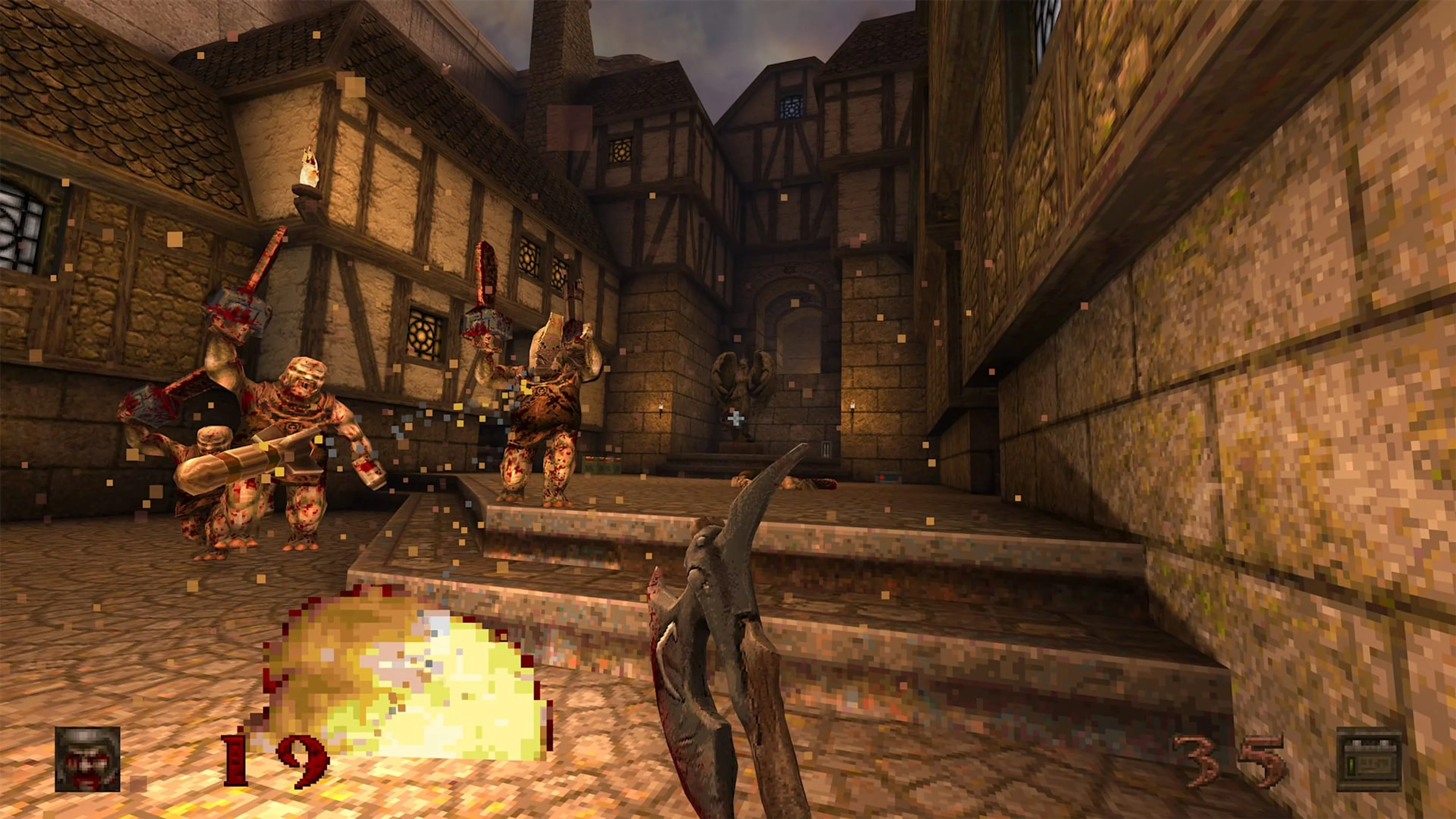 Ranger holds the Super Axe as Rocket Ogres approach in Quake: Dawn of the Machine.