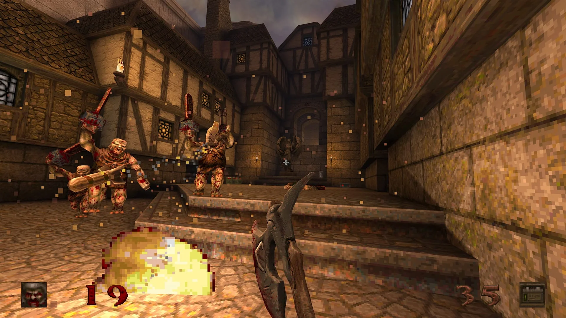 Ranger holds the Super Axe as Rocket Ogres approach in Quake: Dawn of the Machine.
