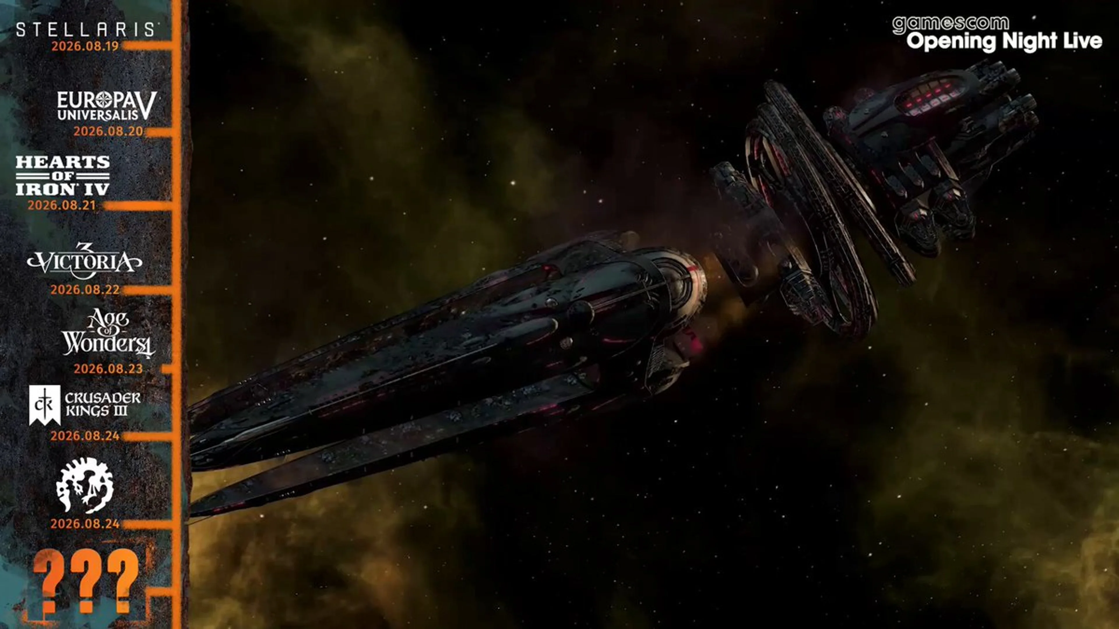 Paradox Interactive's official Gamescom teaser shows a damaged spacecraft against a dark space background, with the publisher's previous series listed along the left side.