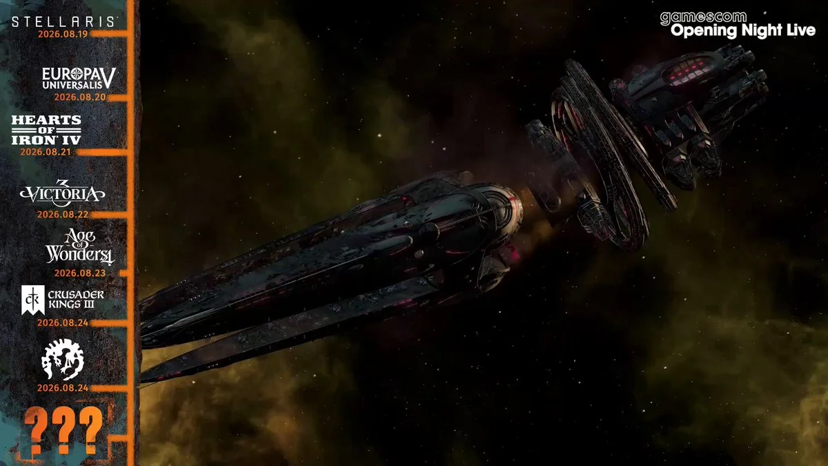 Paradox Interactive's official Gamescom teaser shows a damaged spacecraft against a dark space background, with the publisher's previous series listed along the left side.