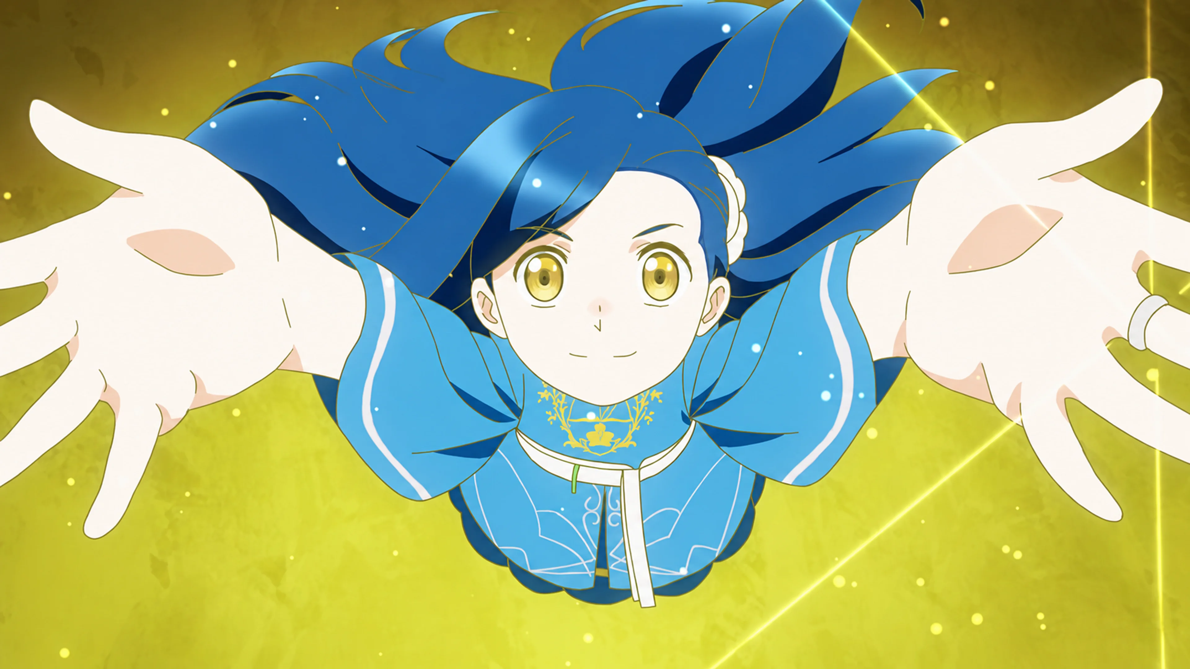 Myne reaches both hands forward amid golden light in an earlier anime episode.