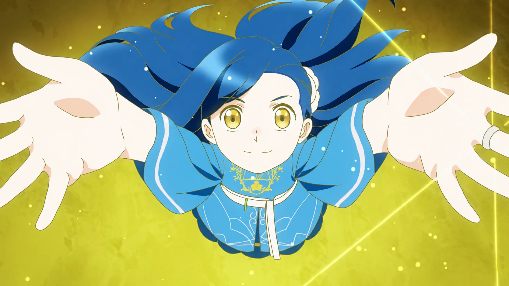 Myne reaches both hands forward amid golden light in an earlier anime episode.