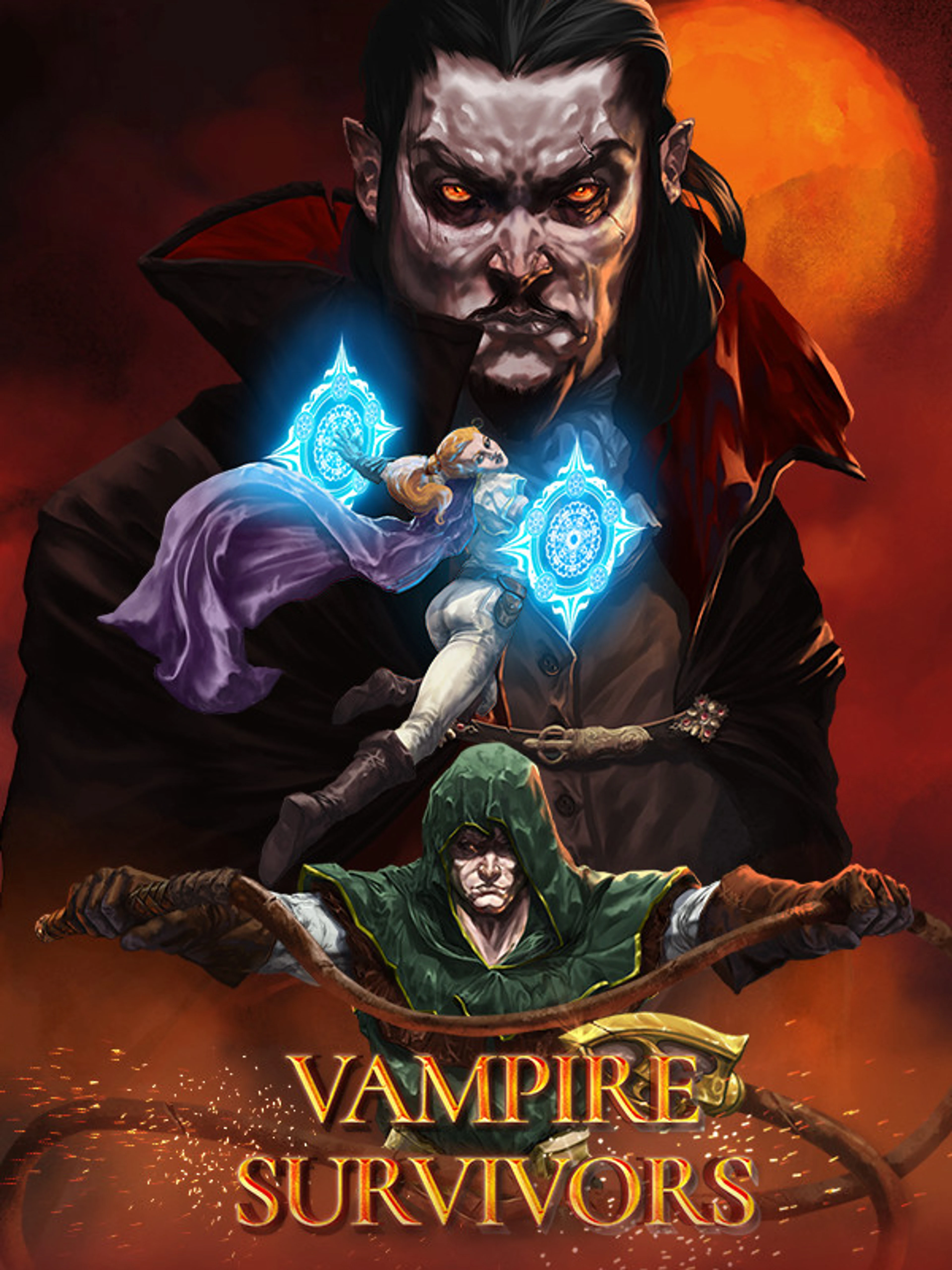 Official Vampire Survivors cover with the fantasy cast and the game title.