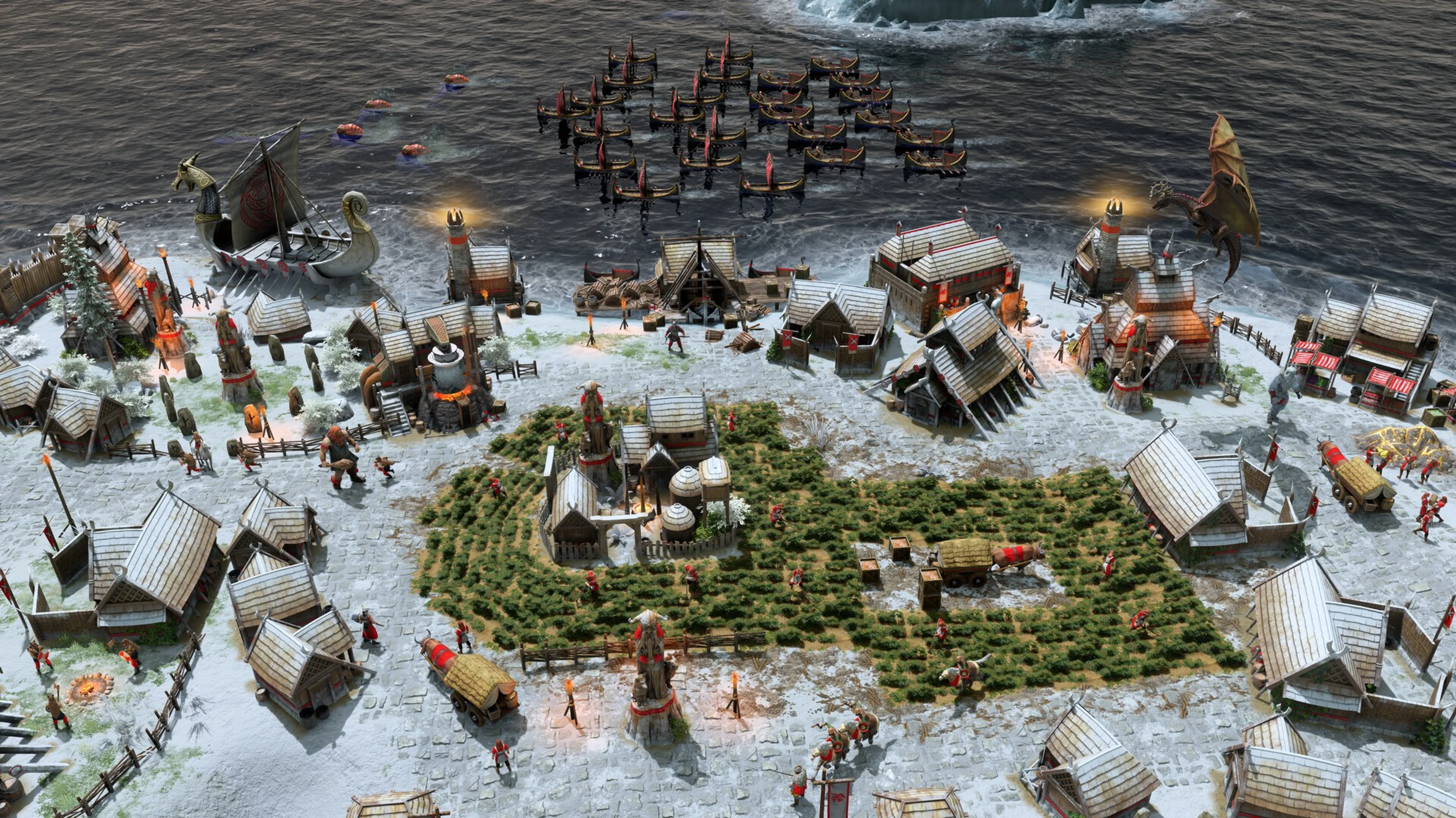 Norse buildings and units in snowy terrain. Each pantheon has its own unit roster and ways to support an army.