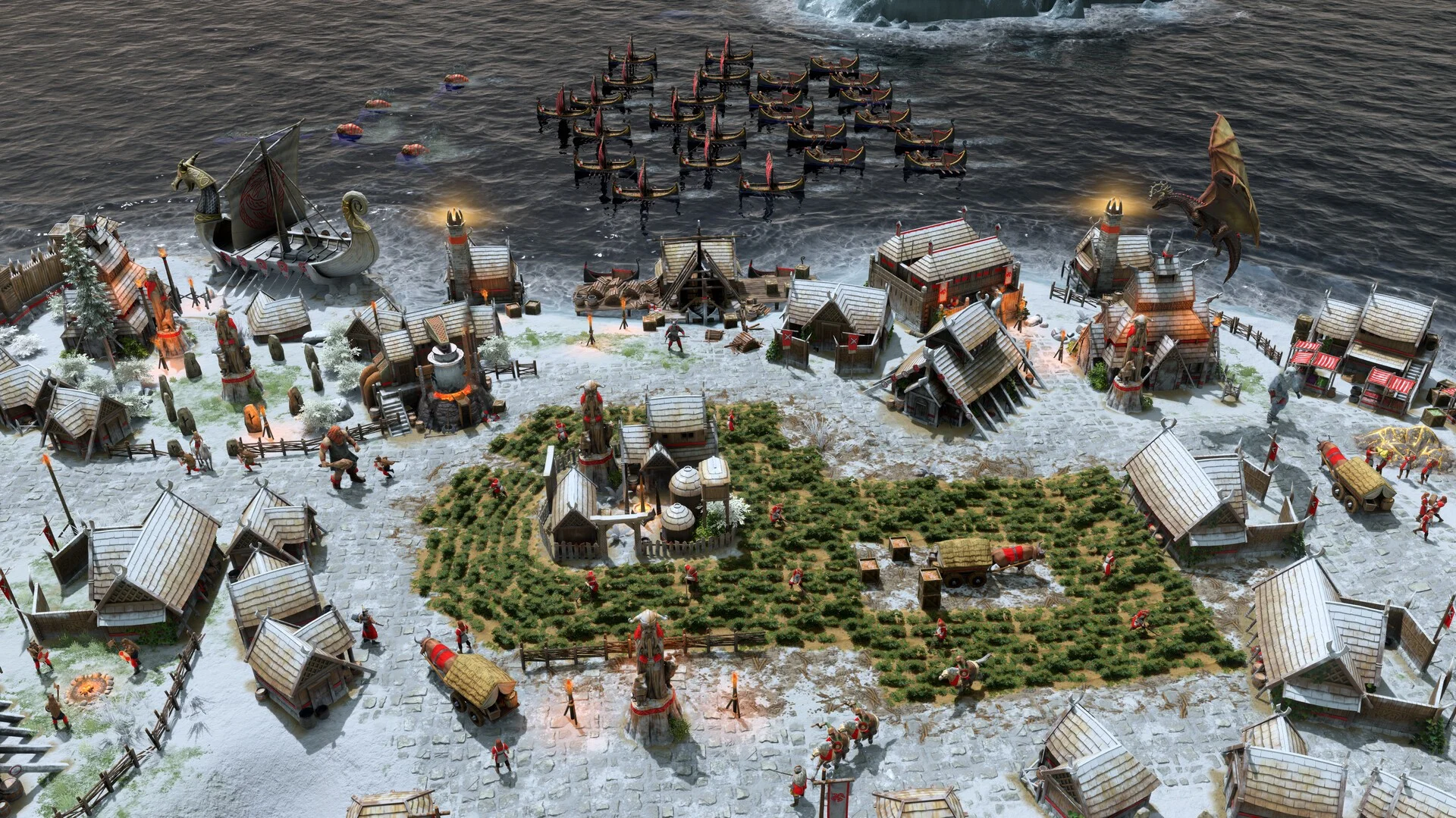 Norse buildings and units in snowy terrain. Each pantheon has its own unit roster and ways to support an army.