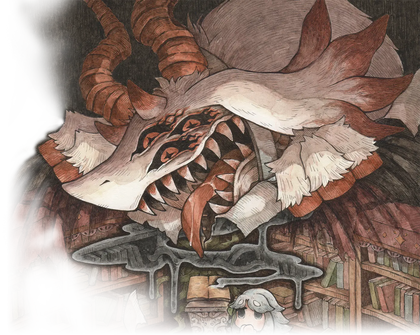A huge horned monster looms above Mono in a library filled with torn pages in The Grimm Reapress artwork.