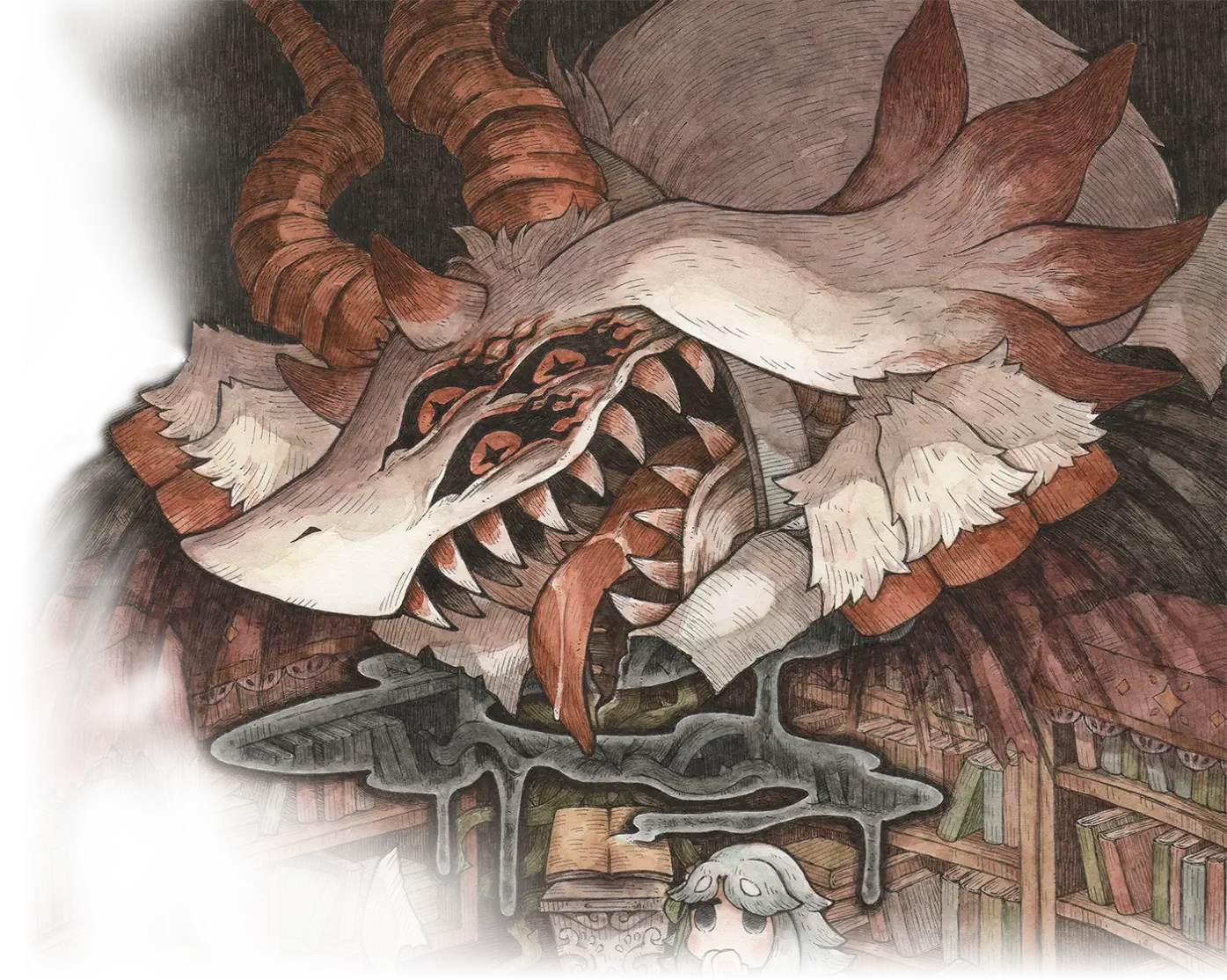 A huge horned monster looms above Mono in a library filled with torn pages in The Grimm Reapress artwork.