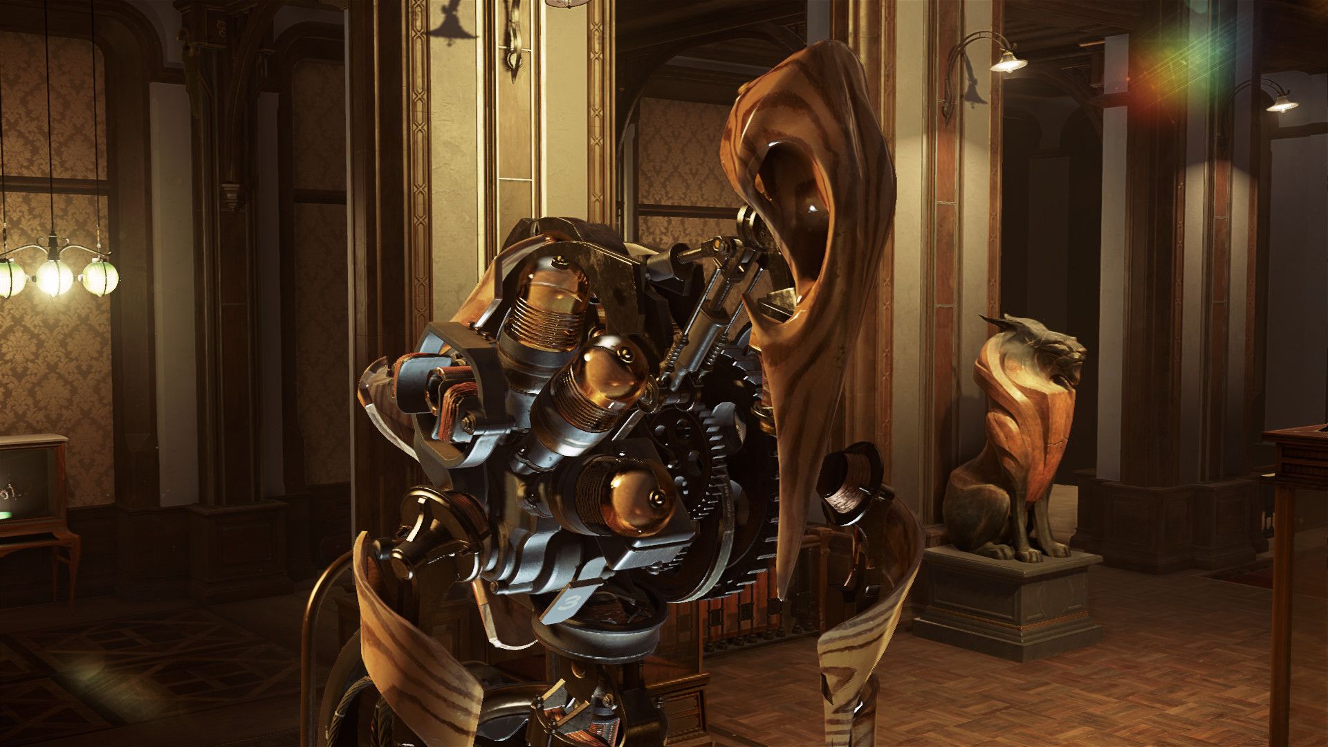 A large Clockwork Soldier in a decorated room.
