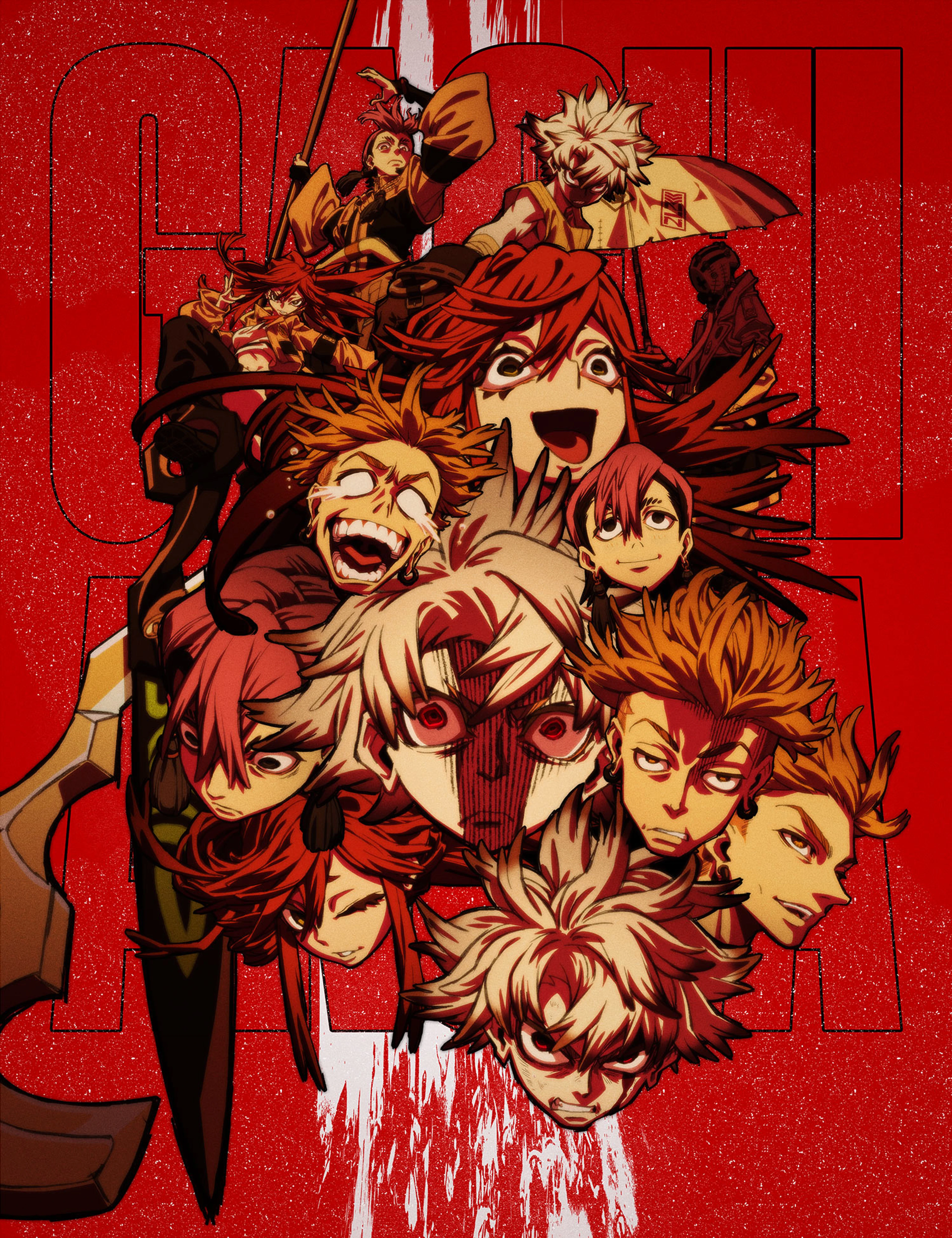 Official Gachiakuta key visual showing Rudo and other characters against a red background.