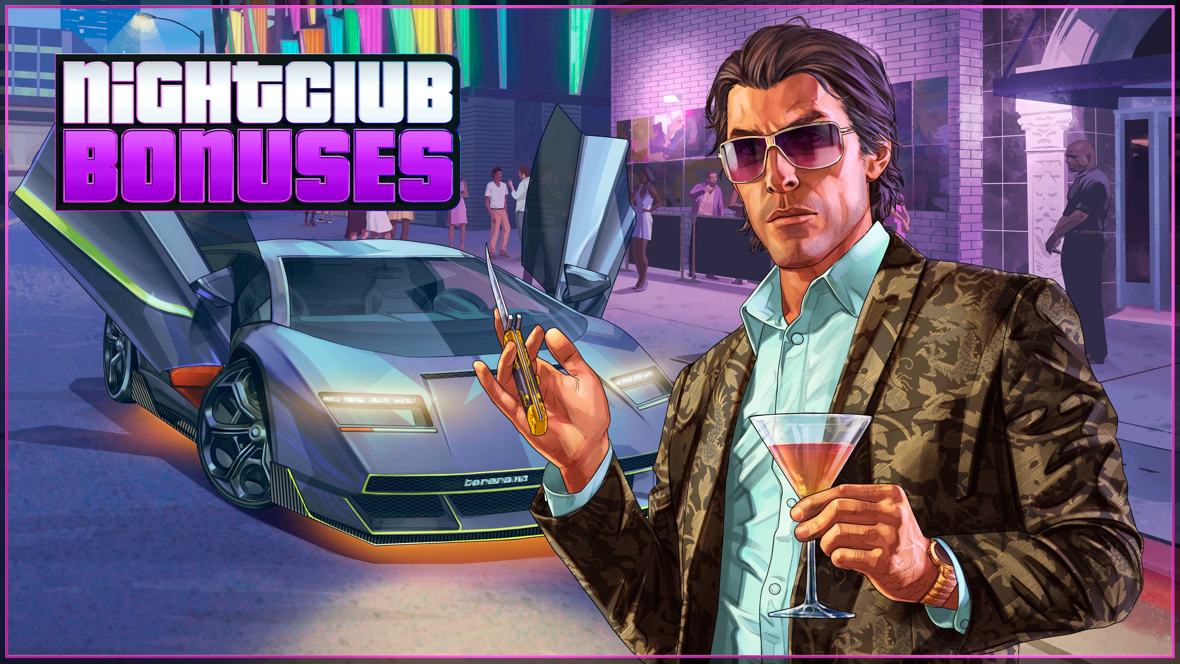 A GTA Online character standing inside a stocked Nightclub warehouse.