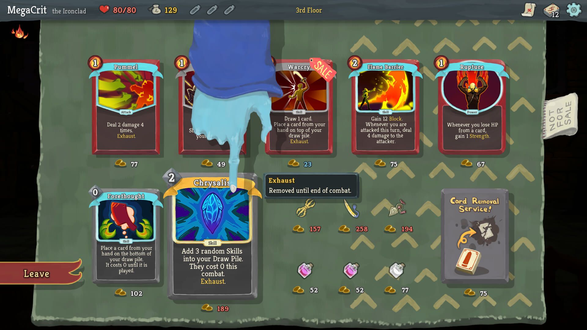 A Slay the Spire shop shows cards, relics, potions, their prices and a card-removal service.