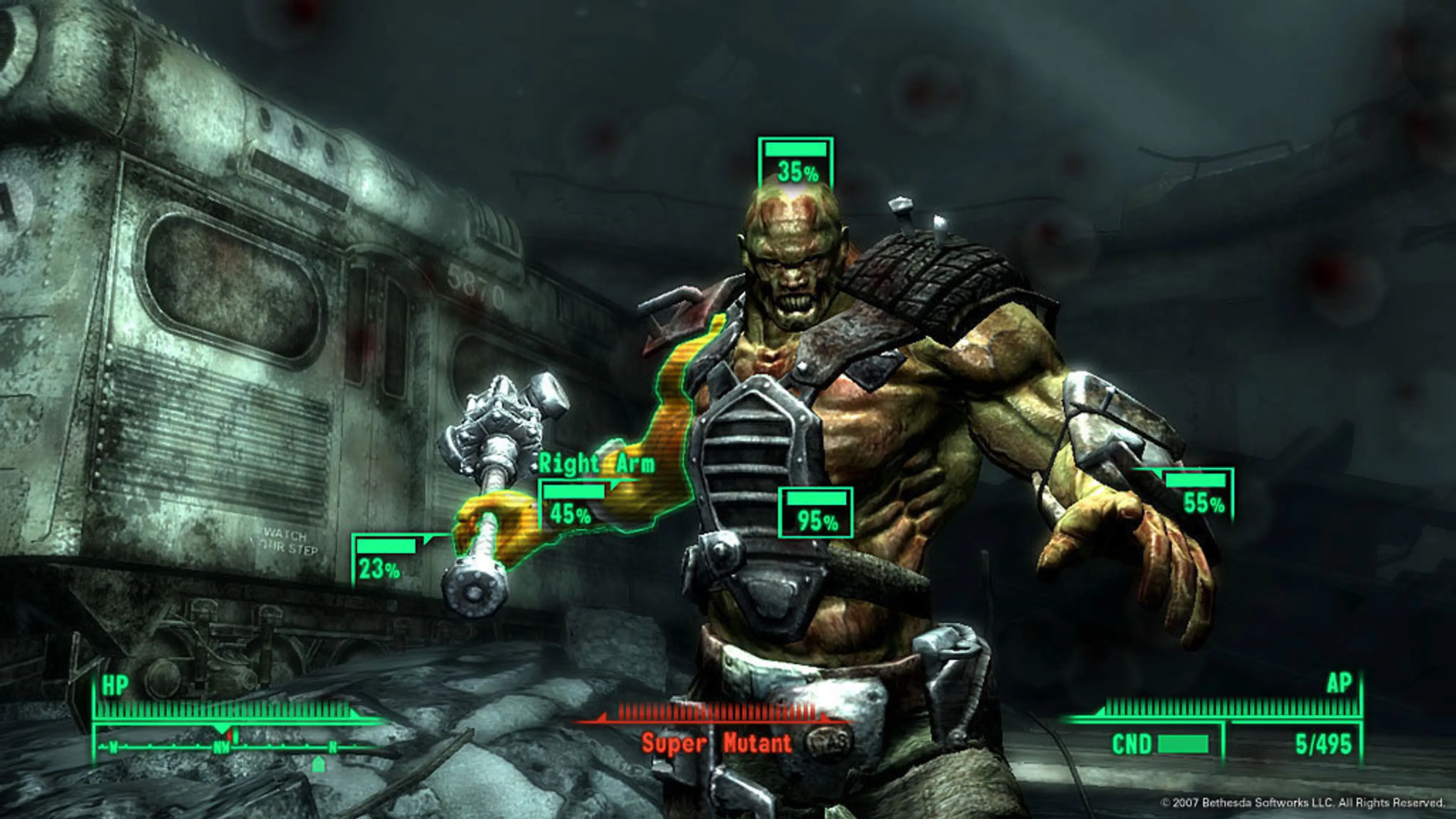 The V.A.T.S. targeting interface highlights a Super Mutant in Fallout 3.
